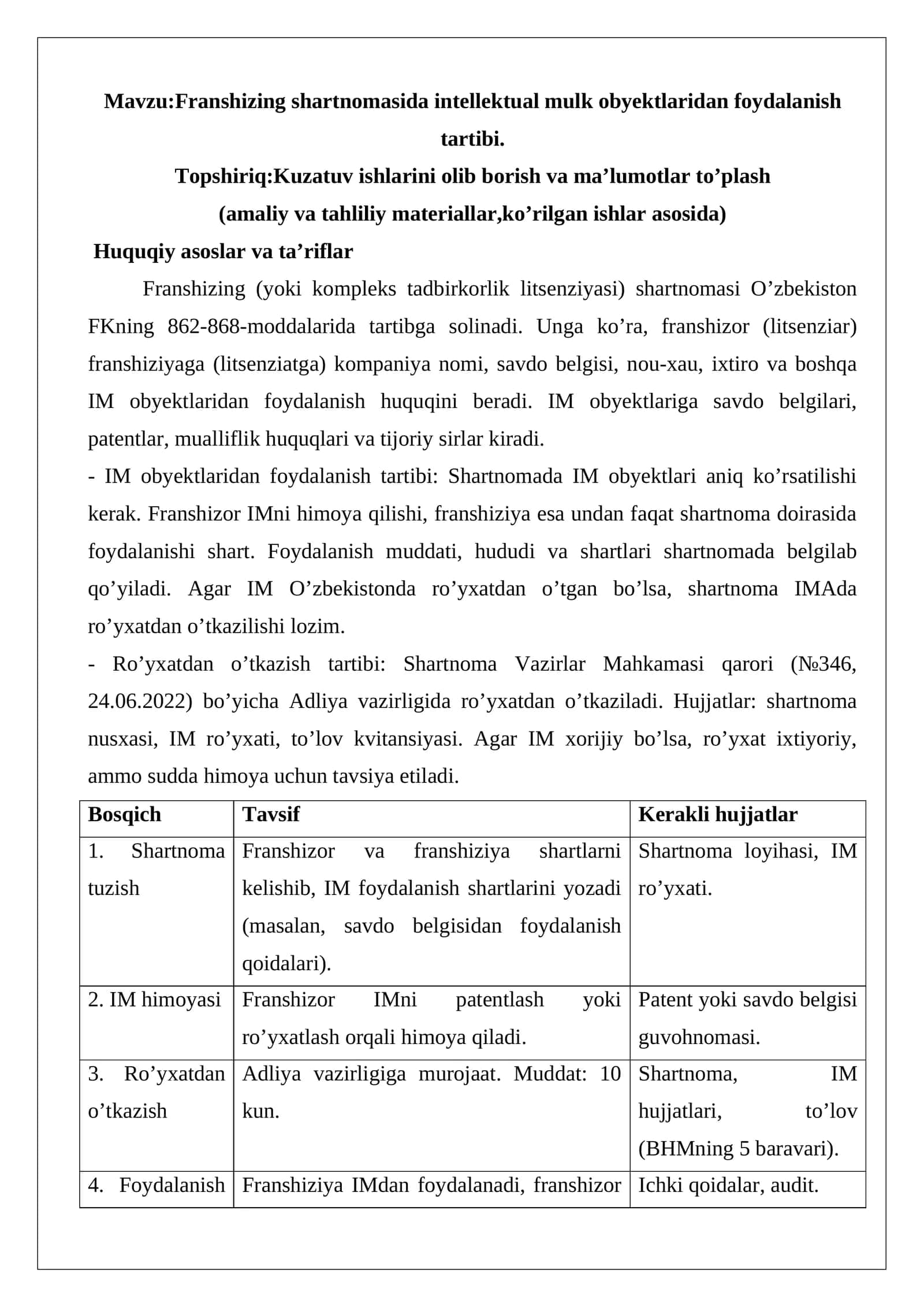Franshizing shartnomasida intellektual mulk obyektlaridan foydalanish tartibi