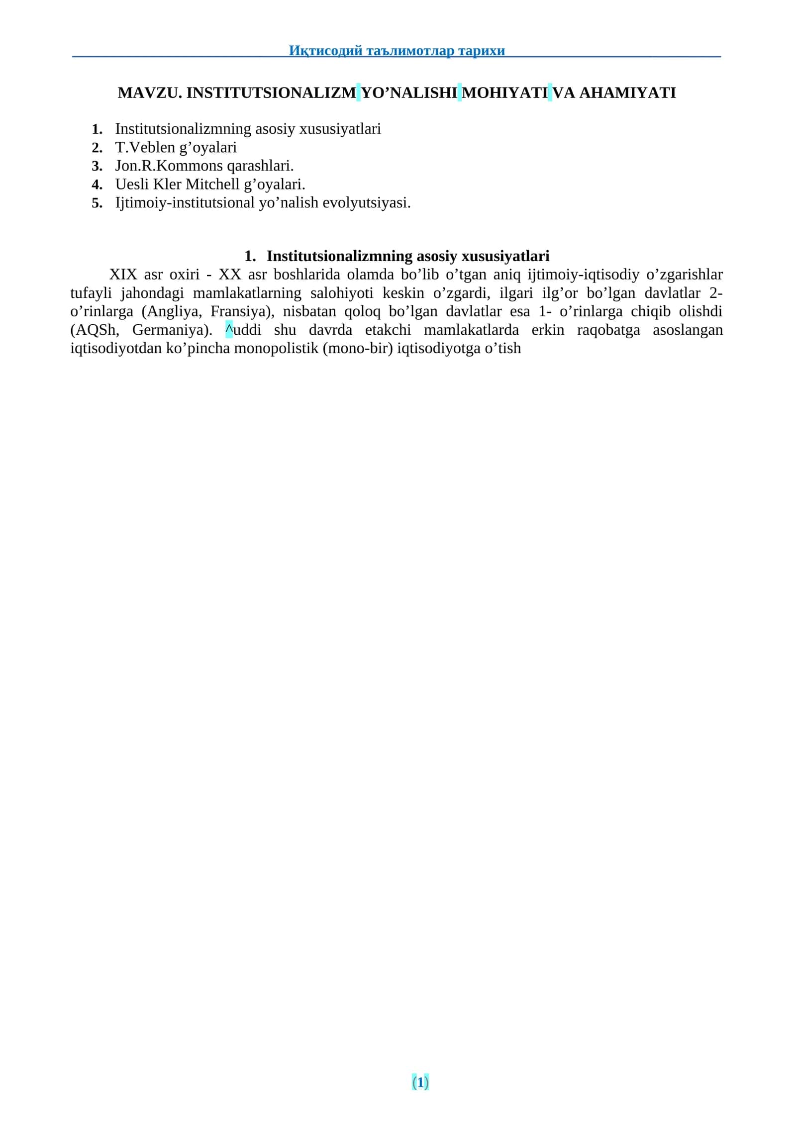 MAVZU. INSTITUTSIONALIZM YO’NALISHI MOHIYATI VA AHAMIYATI