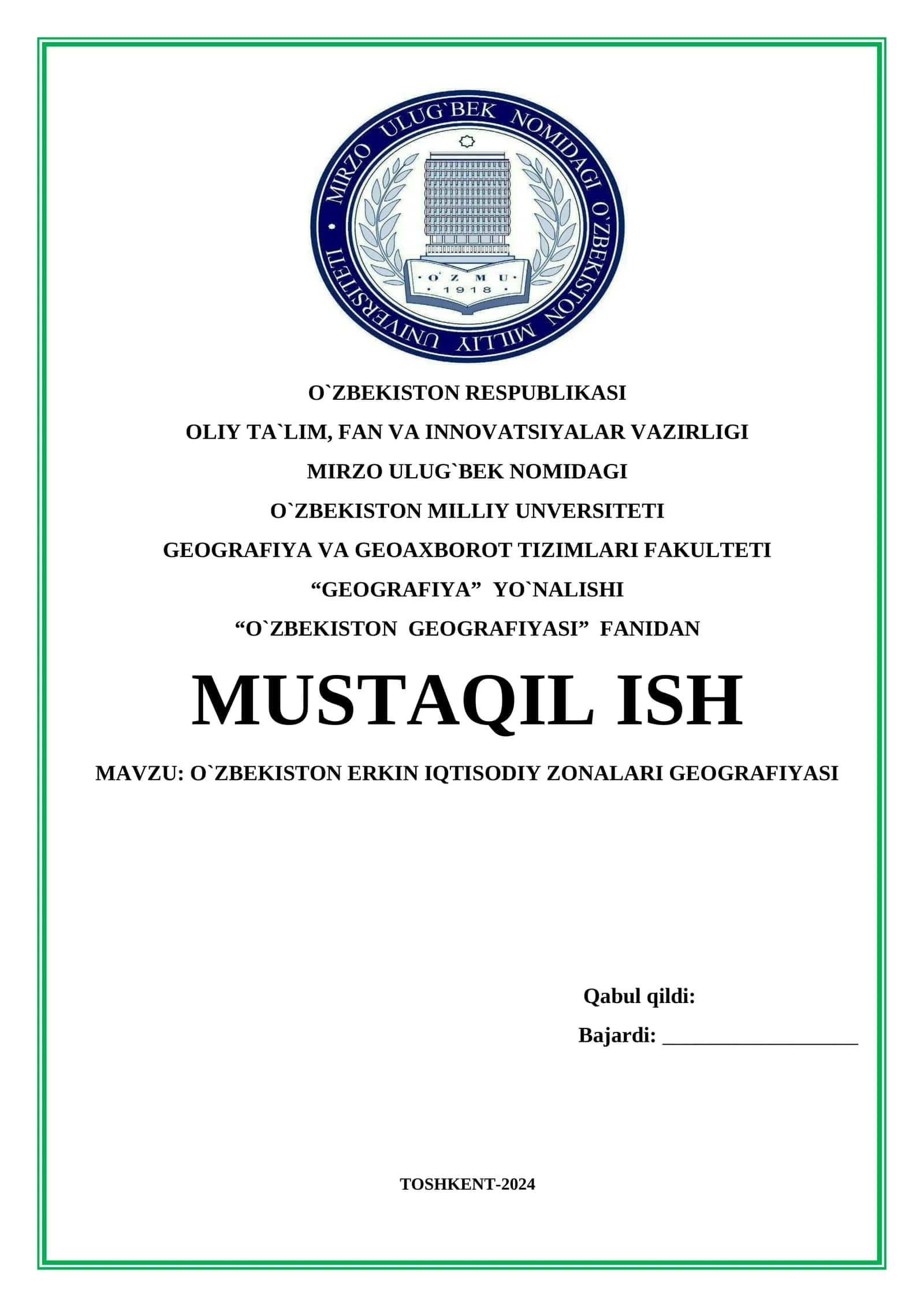 O‘ZBEKISTON ERKIN IQTISODIY ZONALARI GEOGRAFIYASI. AMALIY MASHG‘ULOT (2)