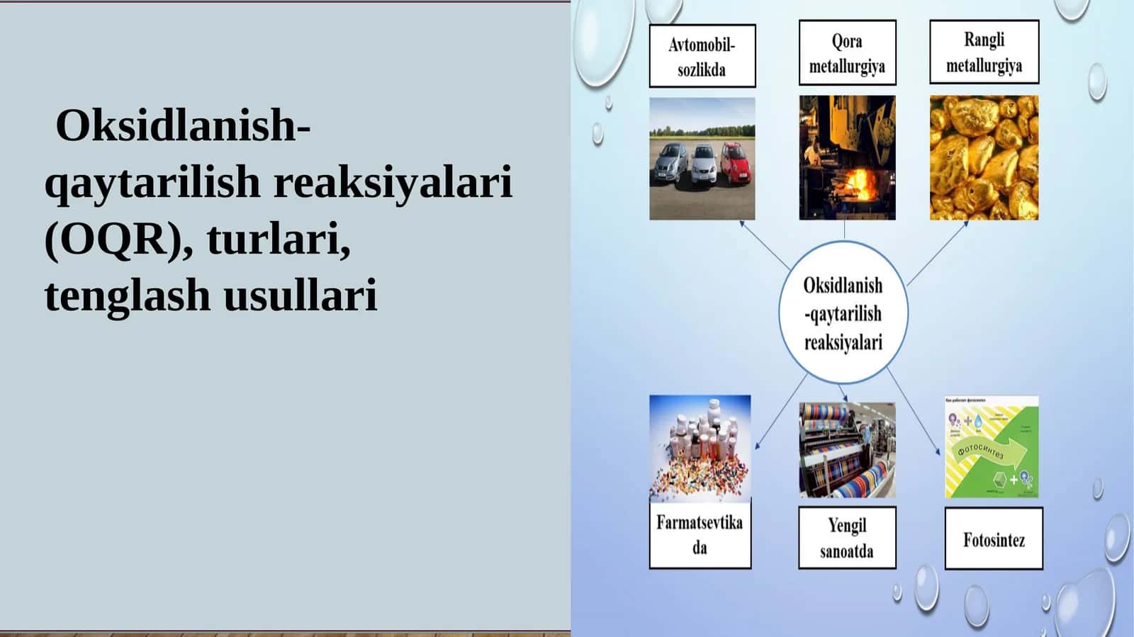 Oksidlanish-qaytarilish reaksiyalari (OQR), turlari,tenglash usullari