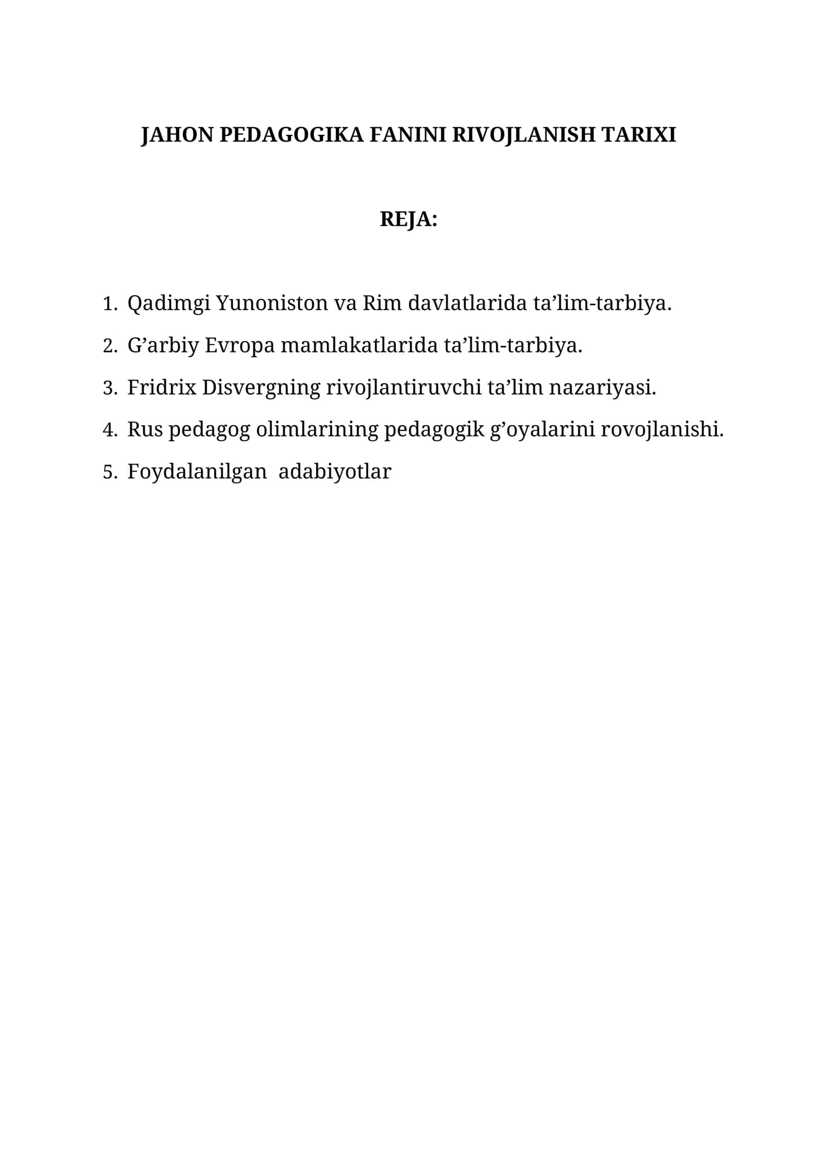 JAHON PEDAGOGIKA FANINI RIVOJLANISH TARIXI