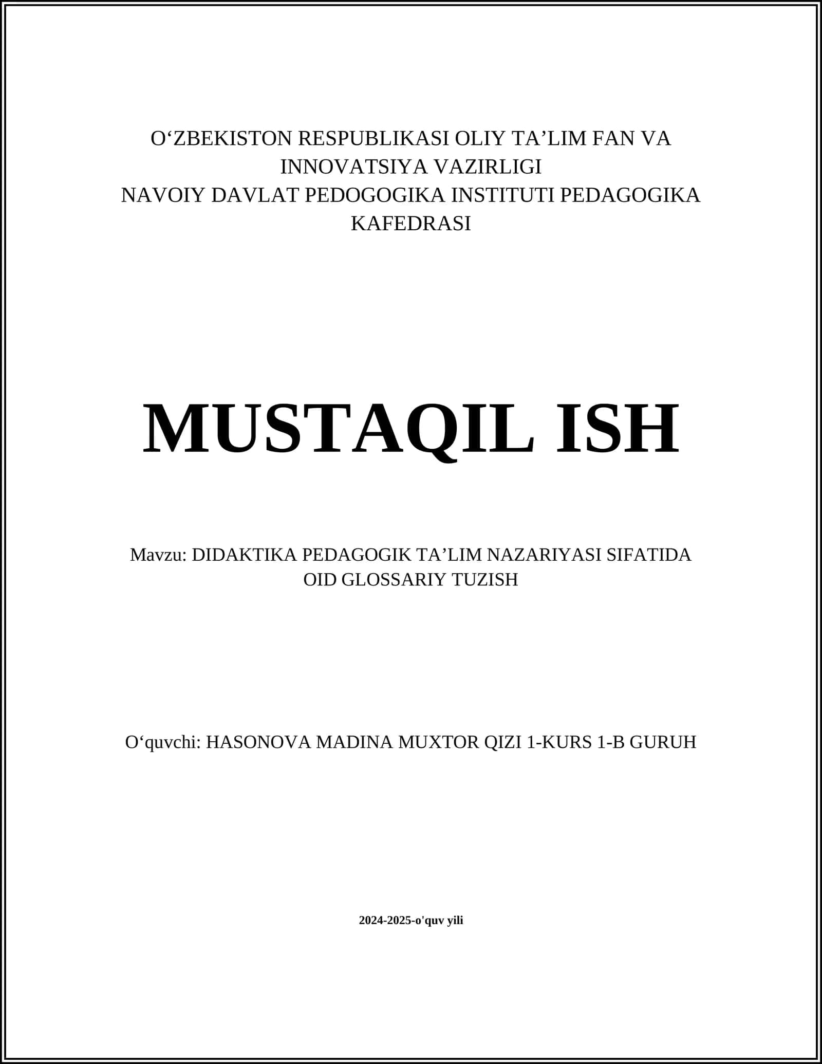 DIDAKTIKA PEDAGOGIK TAʼLIM NAZARIYASI SIFATIDA OID GLOSSARIY TUZISH