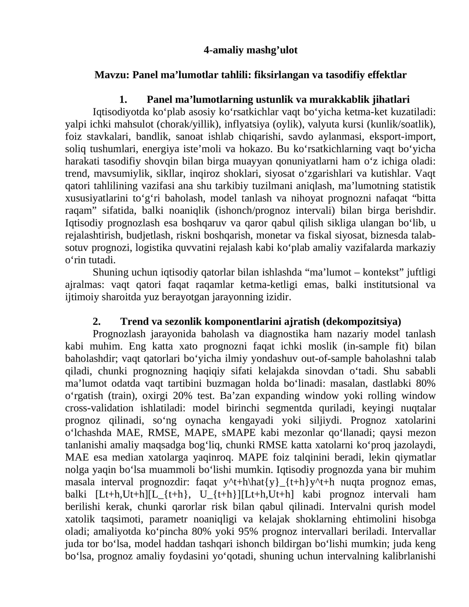 Panel ma’lumotlar tahlili: fiksirlangan va tasodifiy effektlar