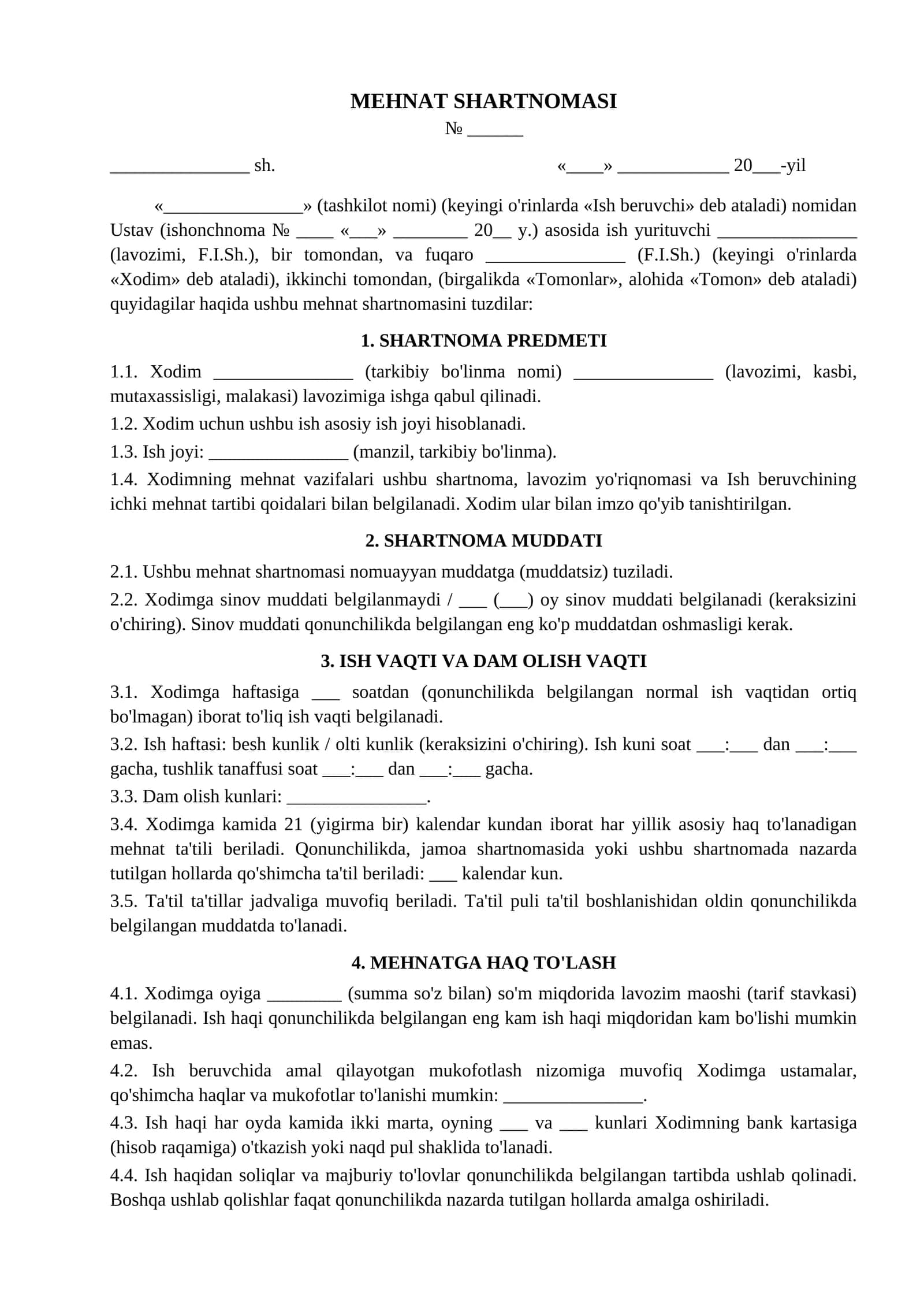 Mehnat shartnomasi muddatsiz toliq ish vaqti namunasi