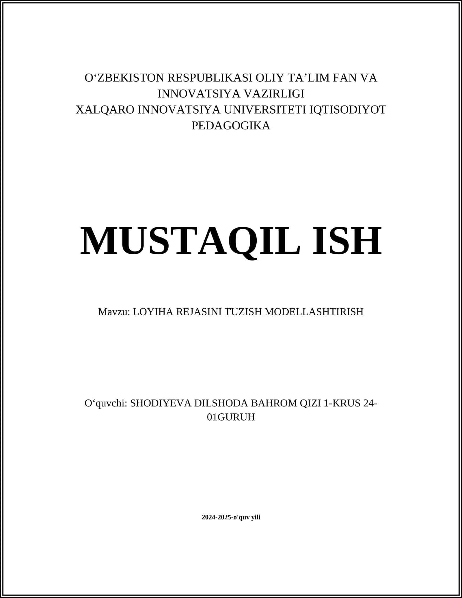 LOYIHA REJASINI TUZISH MODELLASHTIRISH