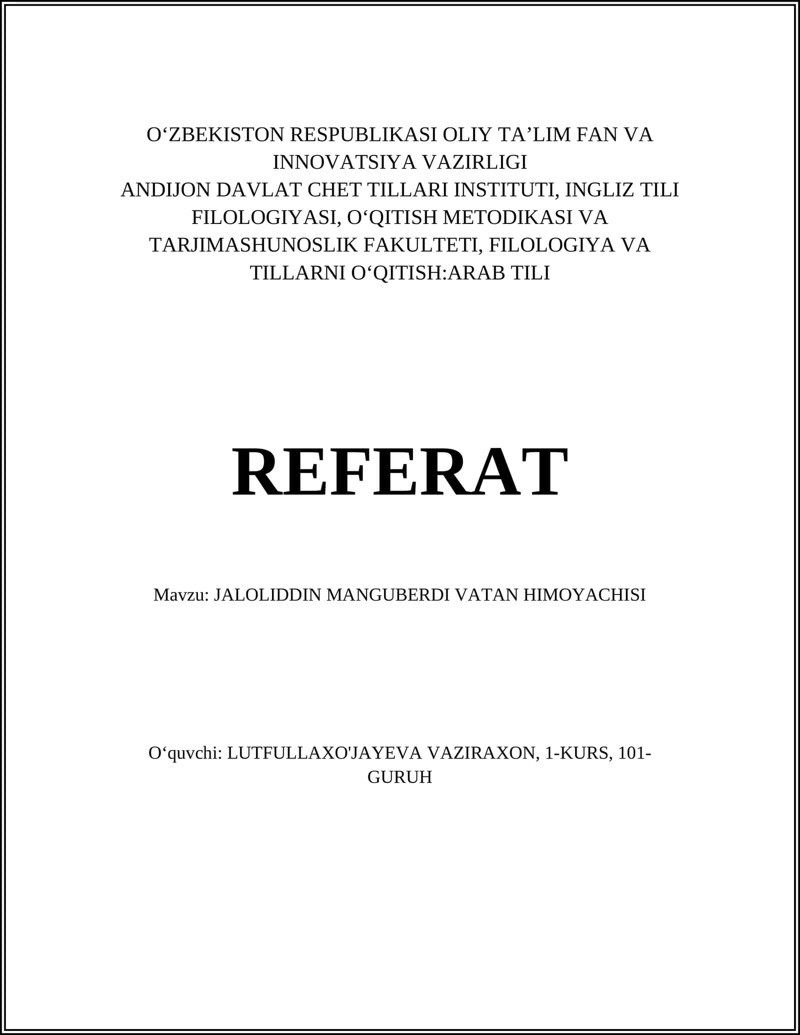 JALOLIDDIN MANGUBERDI VATAN HIMOYACHISI