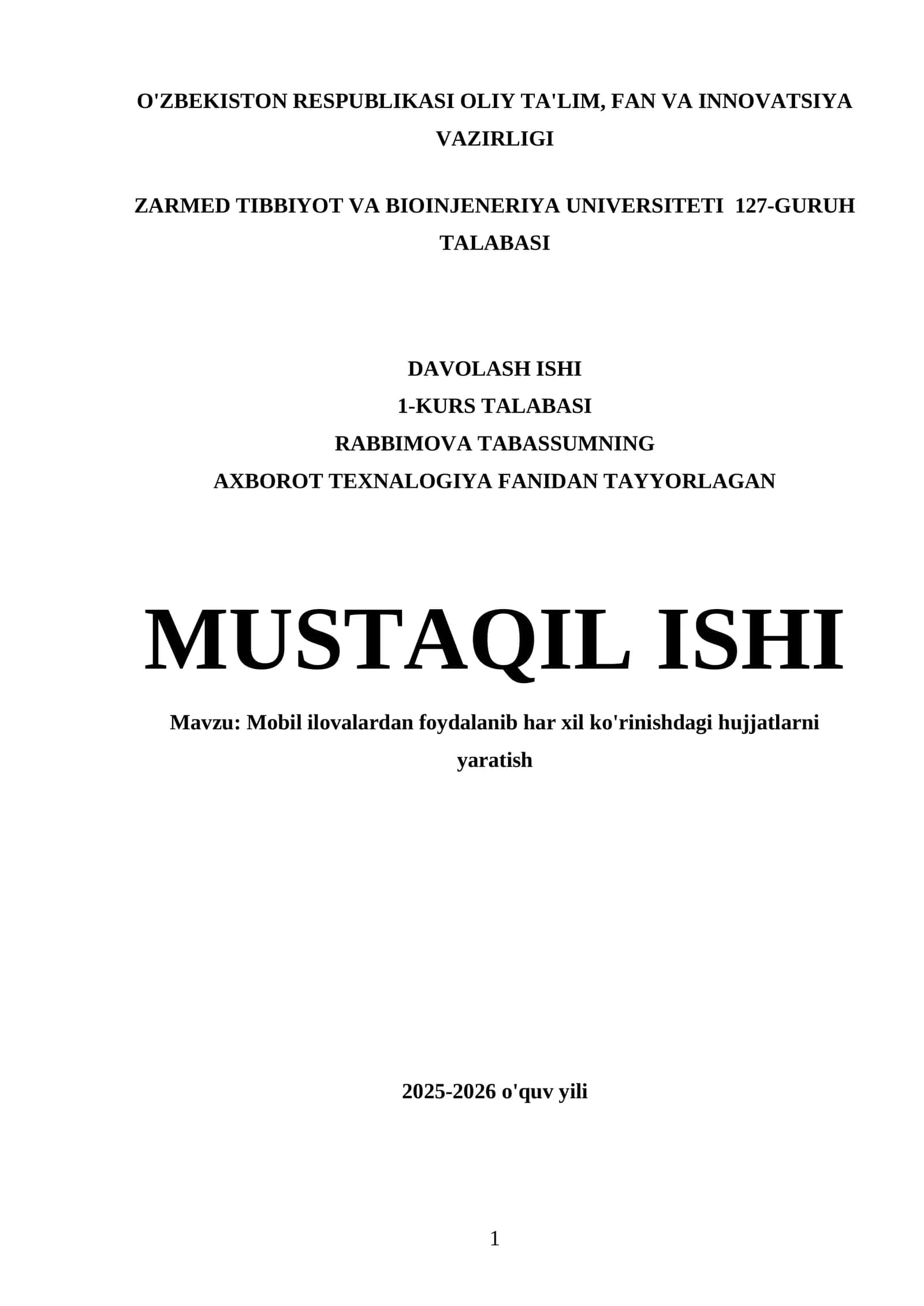 Davolash ishi, 1-KURS TALABASI, RABBIMOVA TABASSUMNING