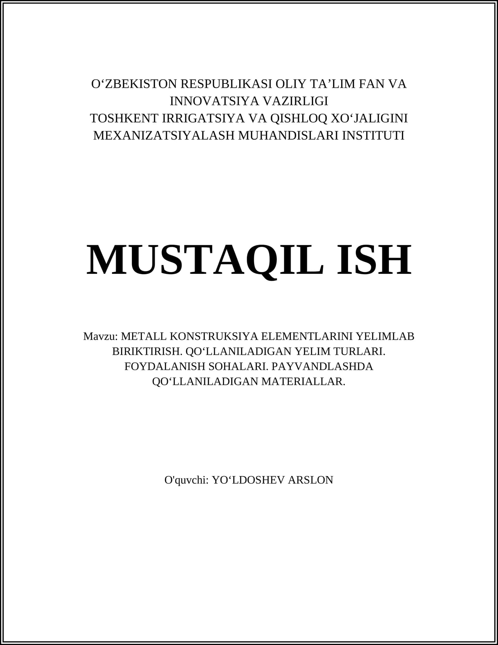 METALL KONSTRUKSIYA ELEMENTLARINI YELIMLAB BIRIKTIRISH