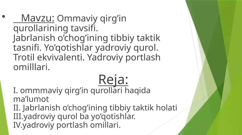 Jabrlanish o’chog’ining tibbiy taktik tasnifi. Yo’qotishlar yadroviy qurol. Trotil ekvivalenti. Yadroviy portlash omilllari.