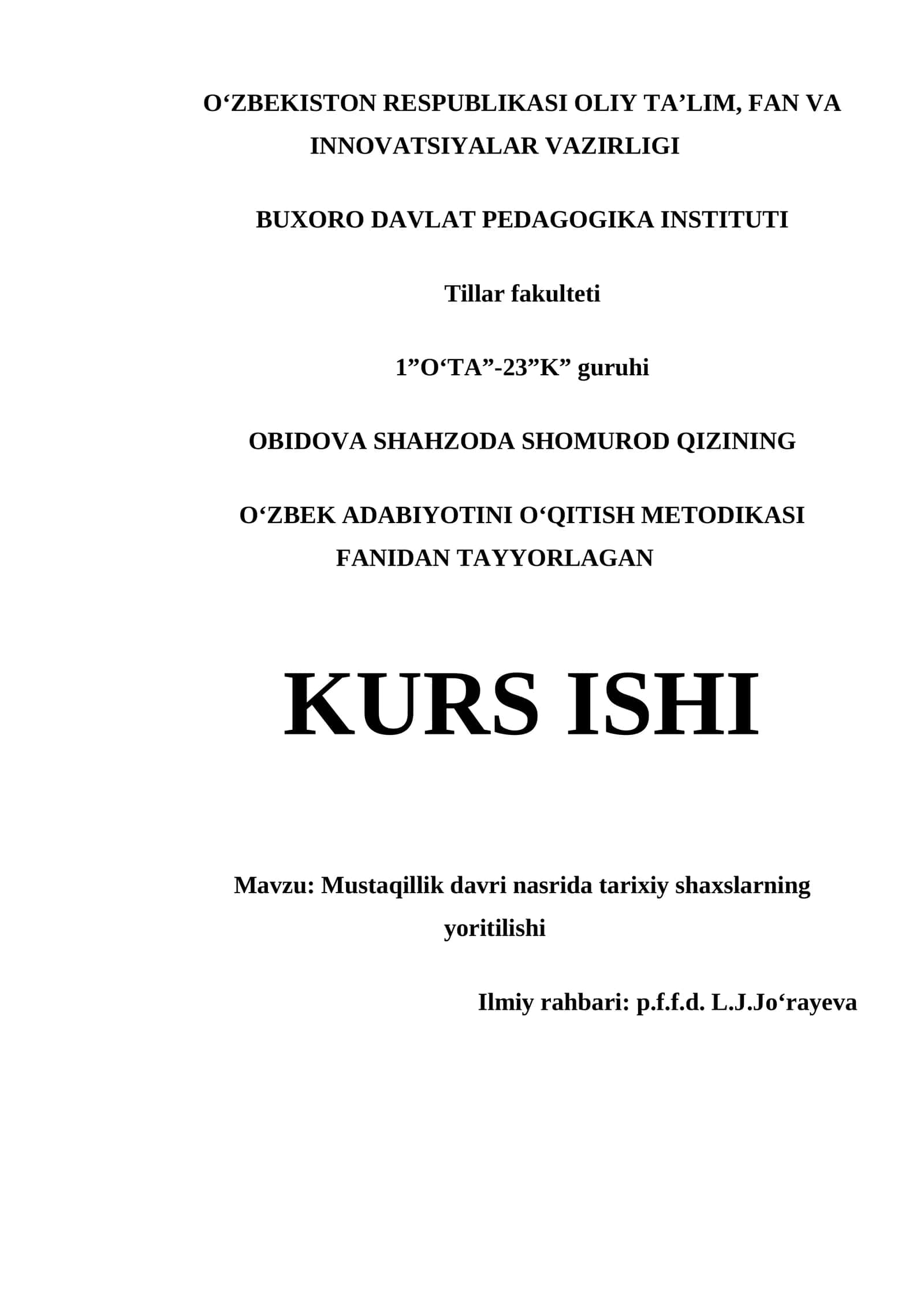 OʻZBEK ADABIYOTINI OʻQITISH METODIKASI FANIDAN TAYYORLAGAN KURS ISHI