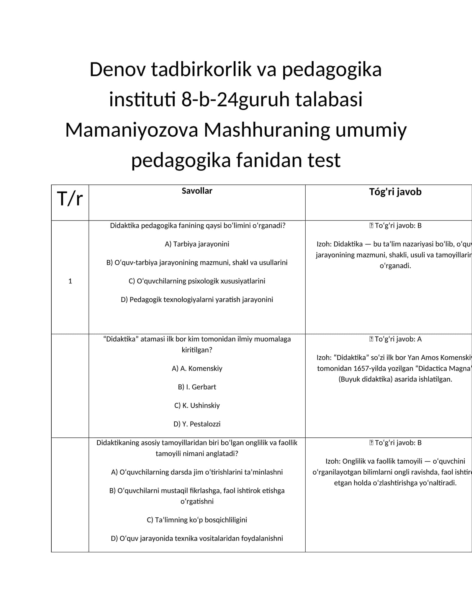 Umumiy pedagogika fanidan test