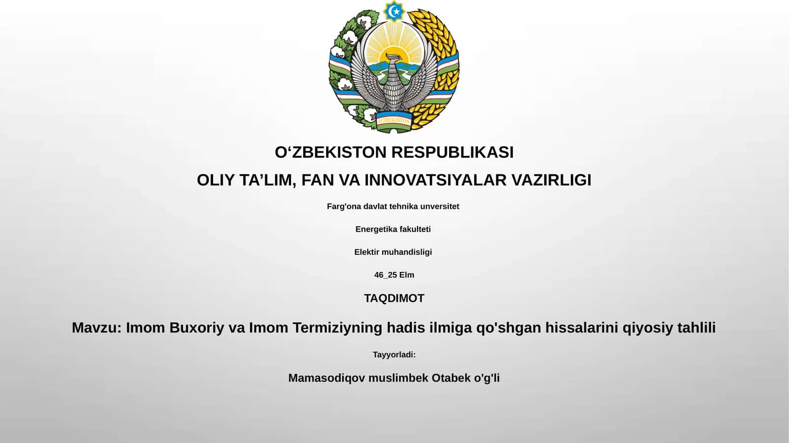 Imom Buxoriy va Imom Termiziyning hadis ilmiga qo'shgan hissalarini qiyosiy tahlili