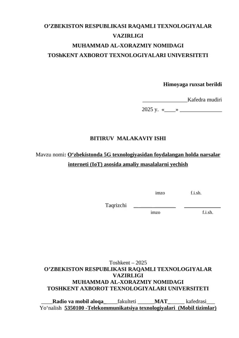 O‘zbekistonda 5G texnologiyasidan foydalangan holda narsalar interneti (IoT) asosida amaliy masalalarni yechish