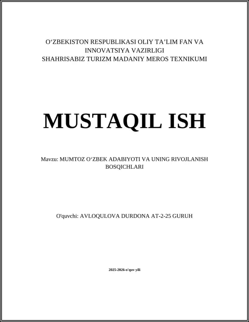 Mumtoz Oʻzbek Adabiyoti Va Uning Rivojlanish Bosqichlari