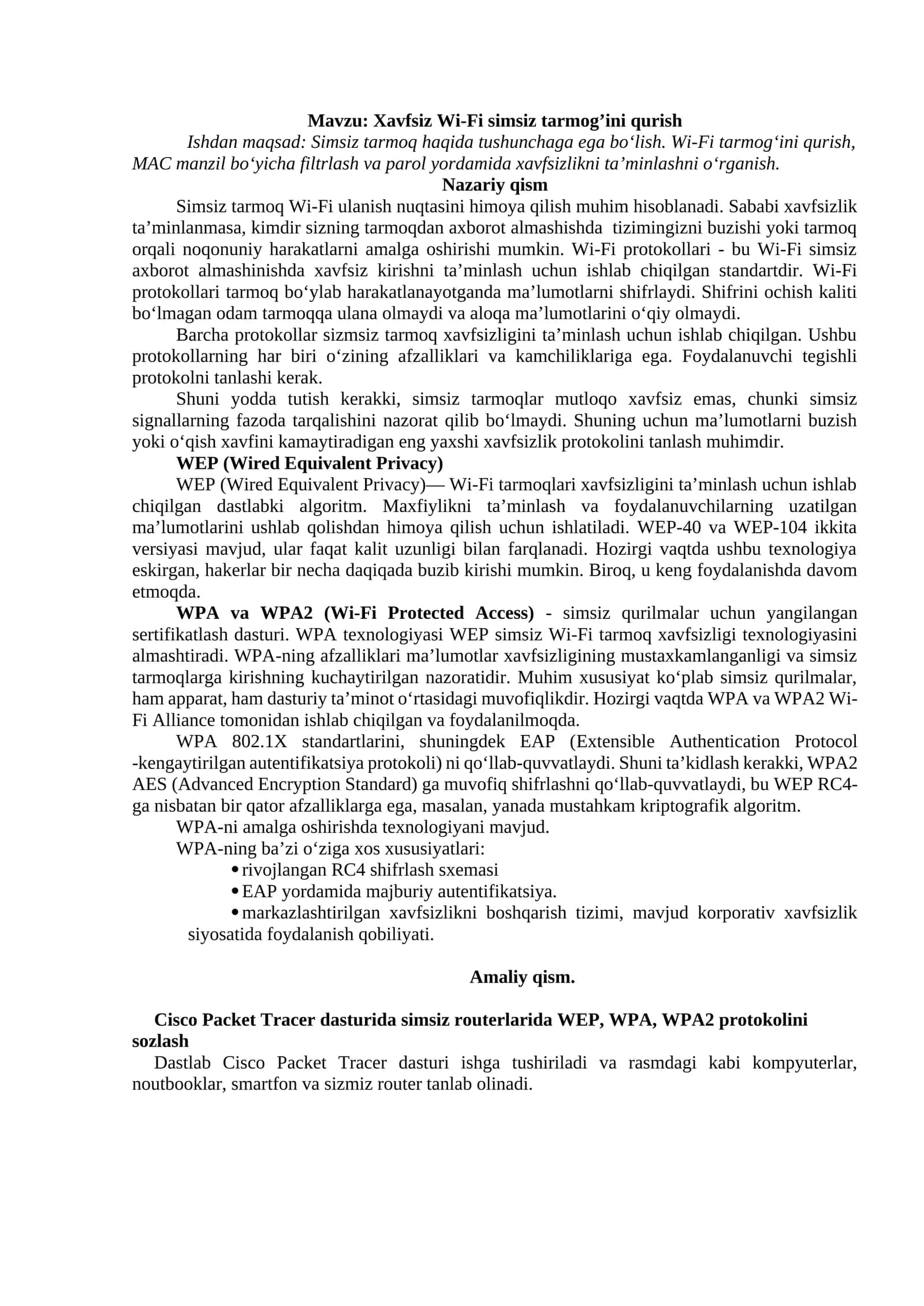 Xavfsiz Wi-Fi simsiz tarmog’ini qurish