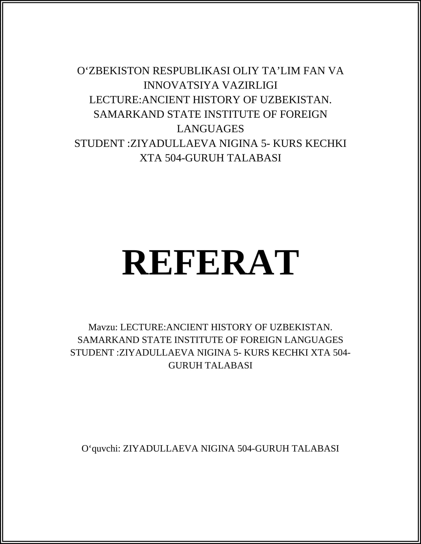 LECTURE:ANCIENT HISTORY OF UZBEKISTAN