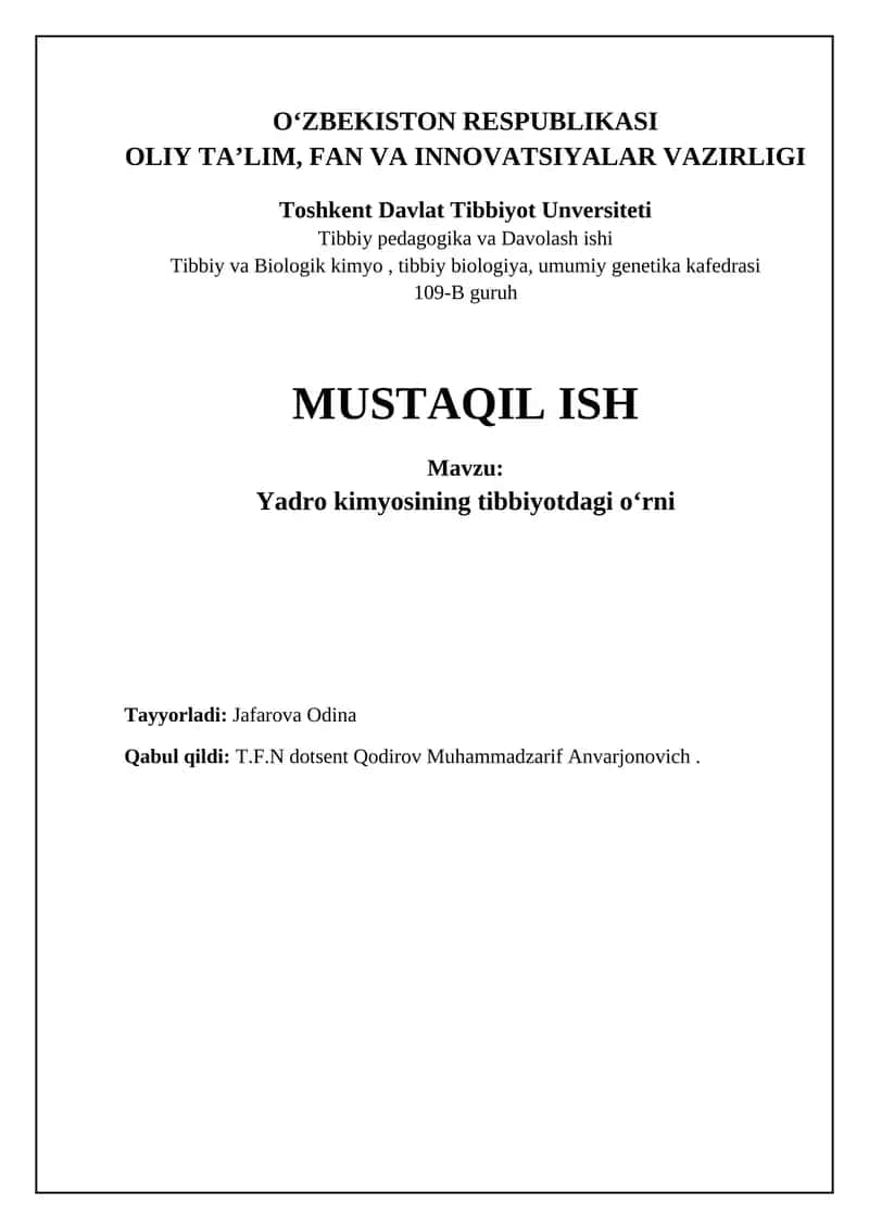 Yadro kimyosining tibbiyotdagi oʻrni