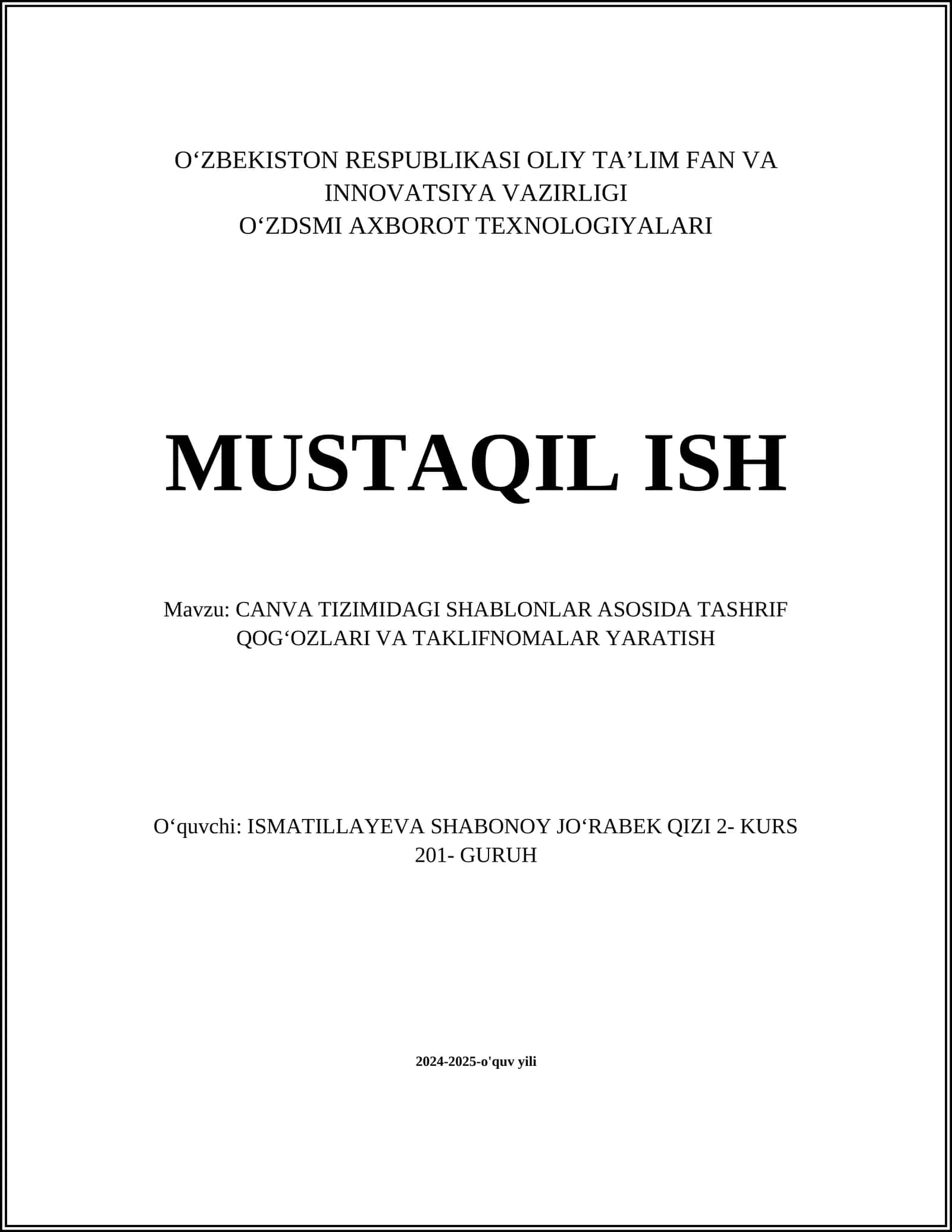 CANVA TIZIMIDAGI SHABLONLAR ASOSIDA TASHRIF QOGʻOZLARI VA TAKLIFNOMALAR YARATISH