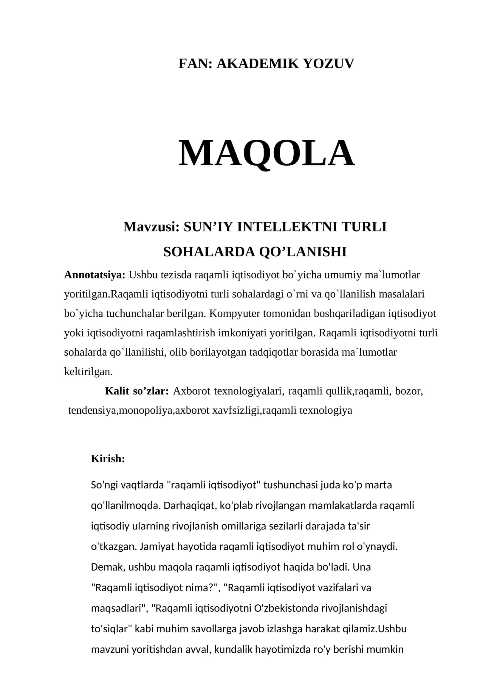 SUN’IY INTELLEKTNI TURLI SOHALARDA QO’LANISHI