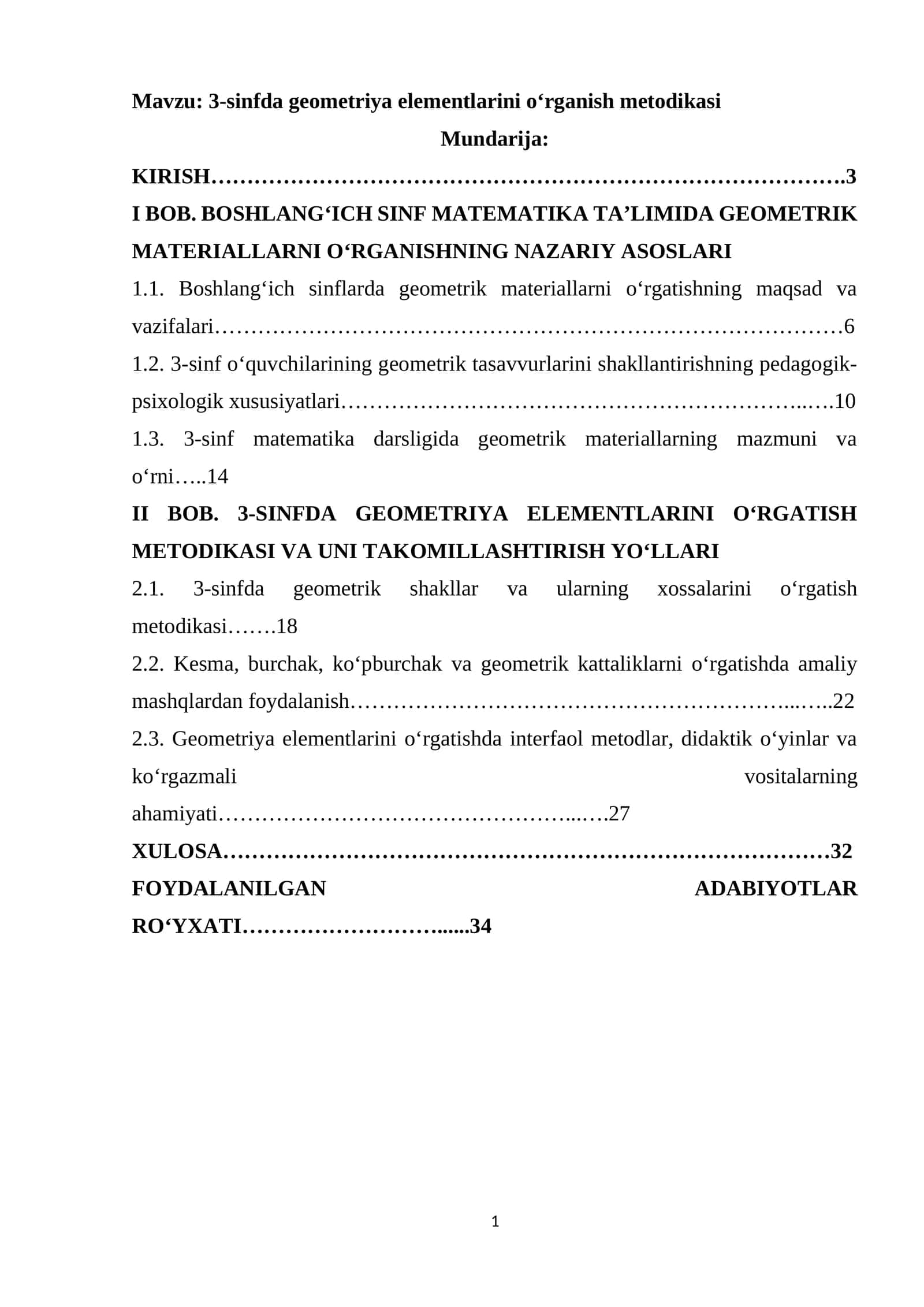 3-sinfda geometriya elementlarini o‘rganish metodikasi