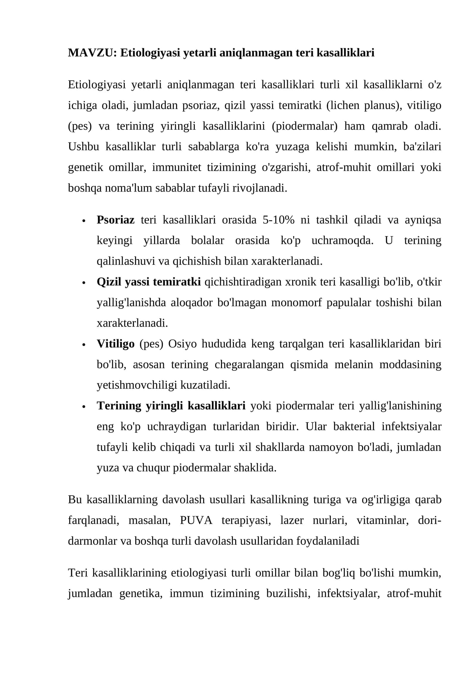 Etiologiyasi yetarli aniqlanmagan teri kasalliklari