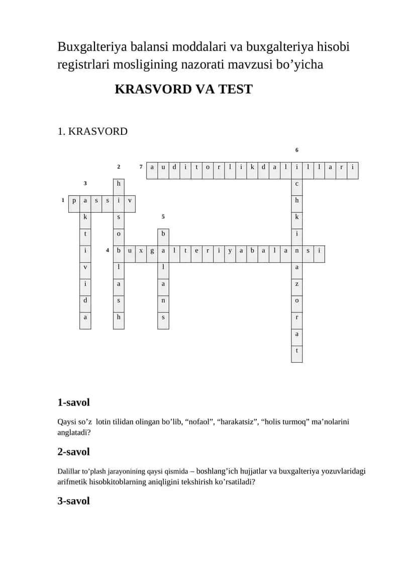 buxgalteriya va audit fanidan test va krasvord