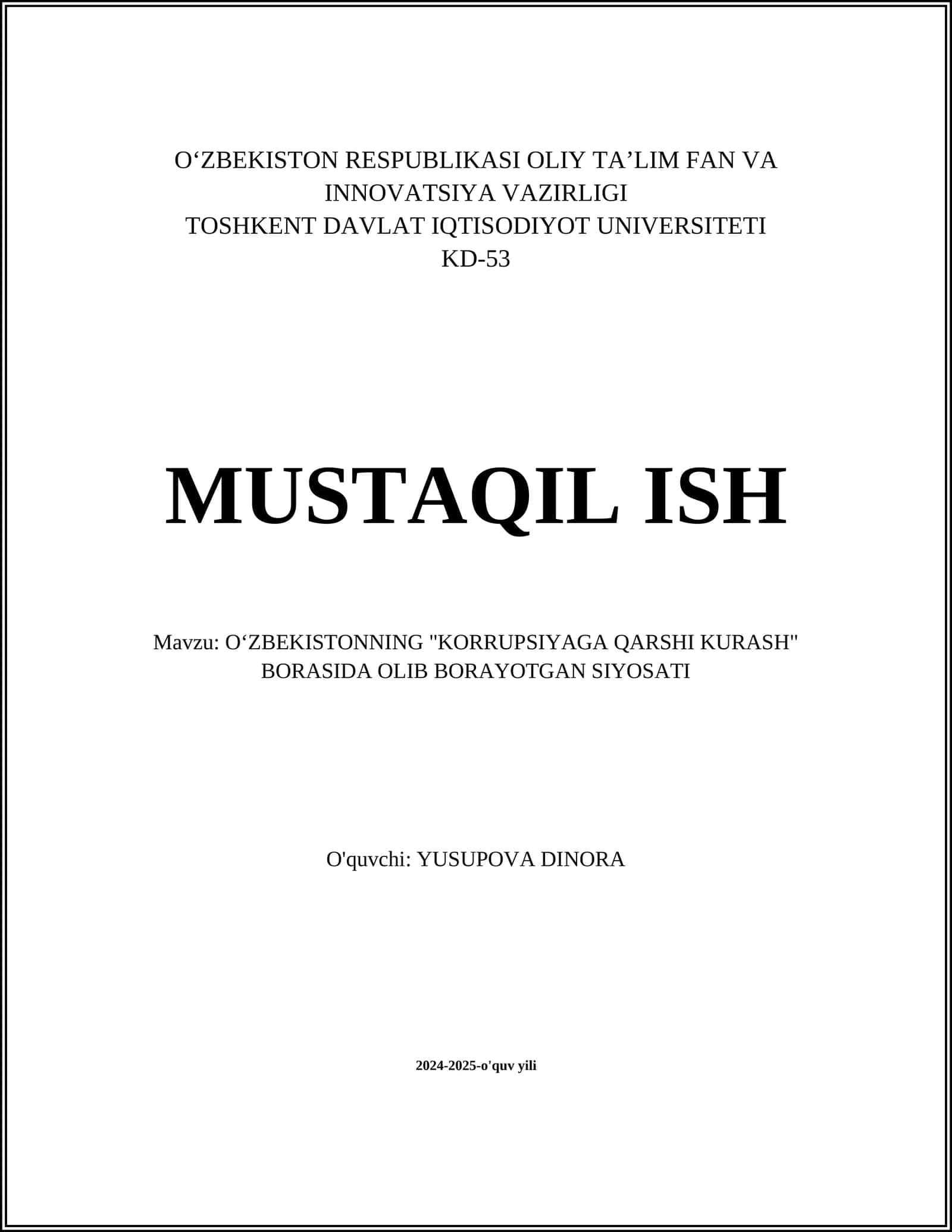 OʻZBEKISTONNING "KORRUPSIYAGA QARSHI KURASH" BORASIDA OLIB BORAYOTGAN SIYOSATI