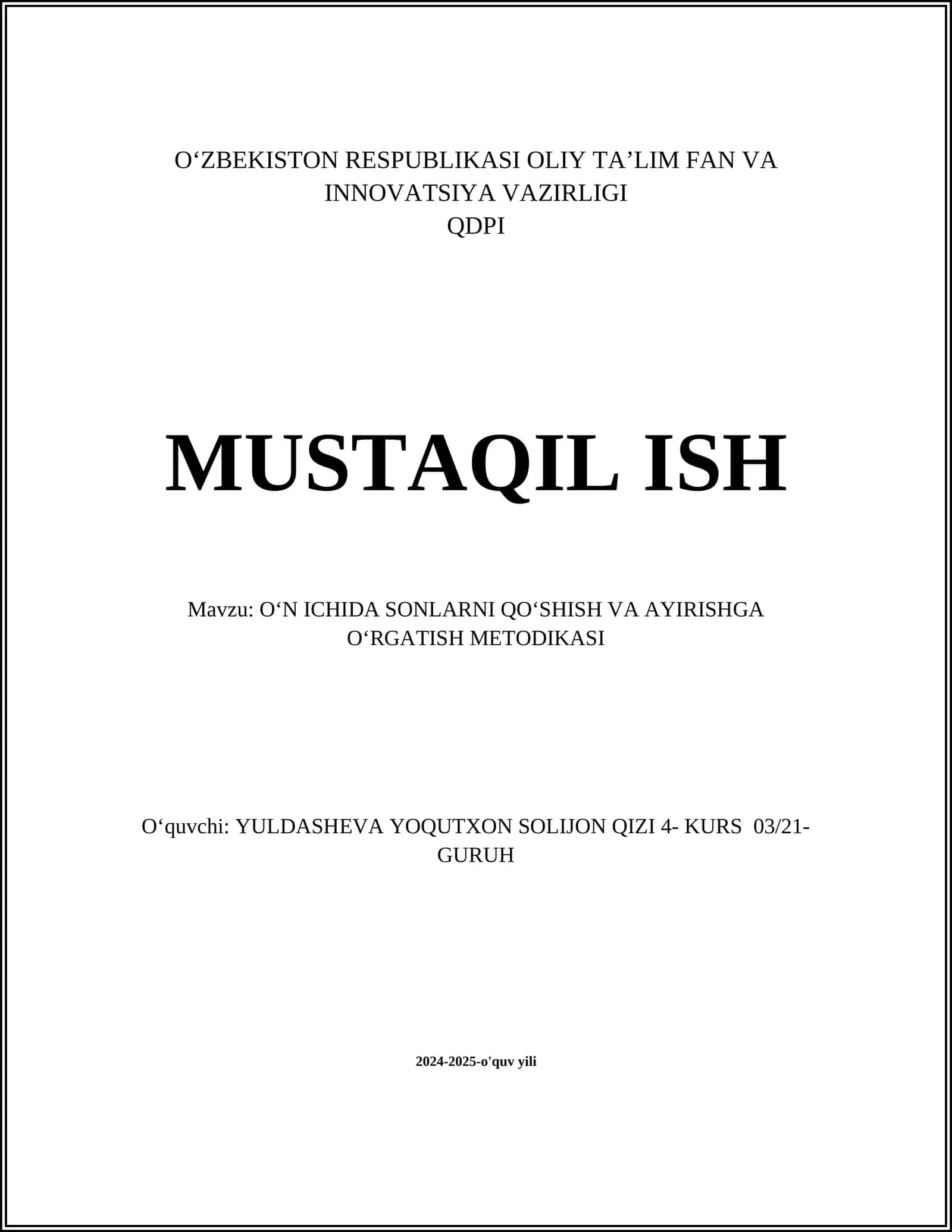 OʻN ICHIDA SONLARNI QOʻSHISH VA AYIRISHGA OʻRGATISH METODIKASI