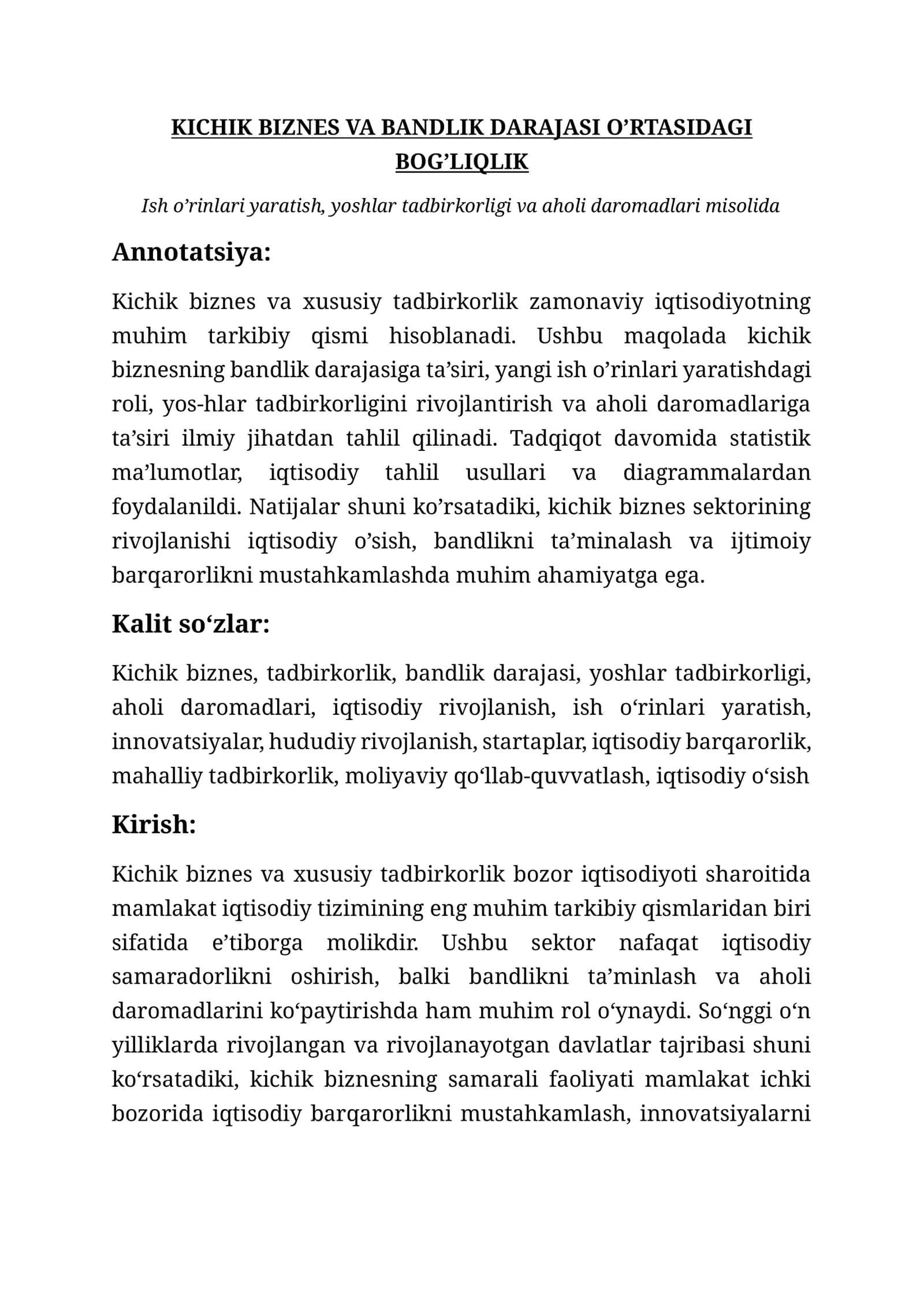 Kichik biznes va bandlik darajasi o'rtasidagi bog'liqlik