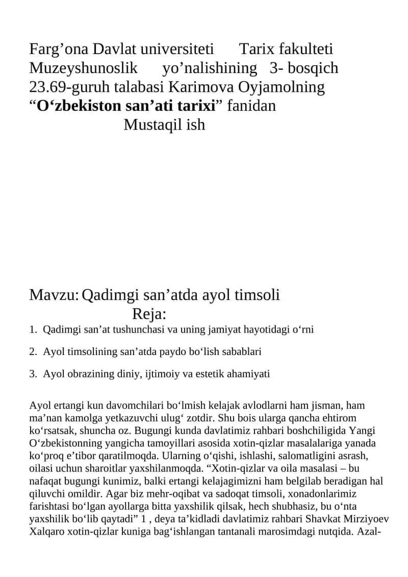 Qadimgi san’atda ayol timsoli