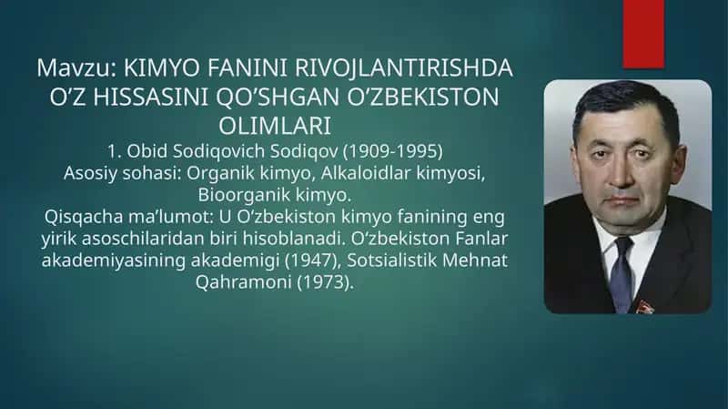 KIMYO FANINI RIVOJLANTIRISHDA O’Z HISSASINI QO’SHGAN O’ZBEKISTON OLIMLARI