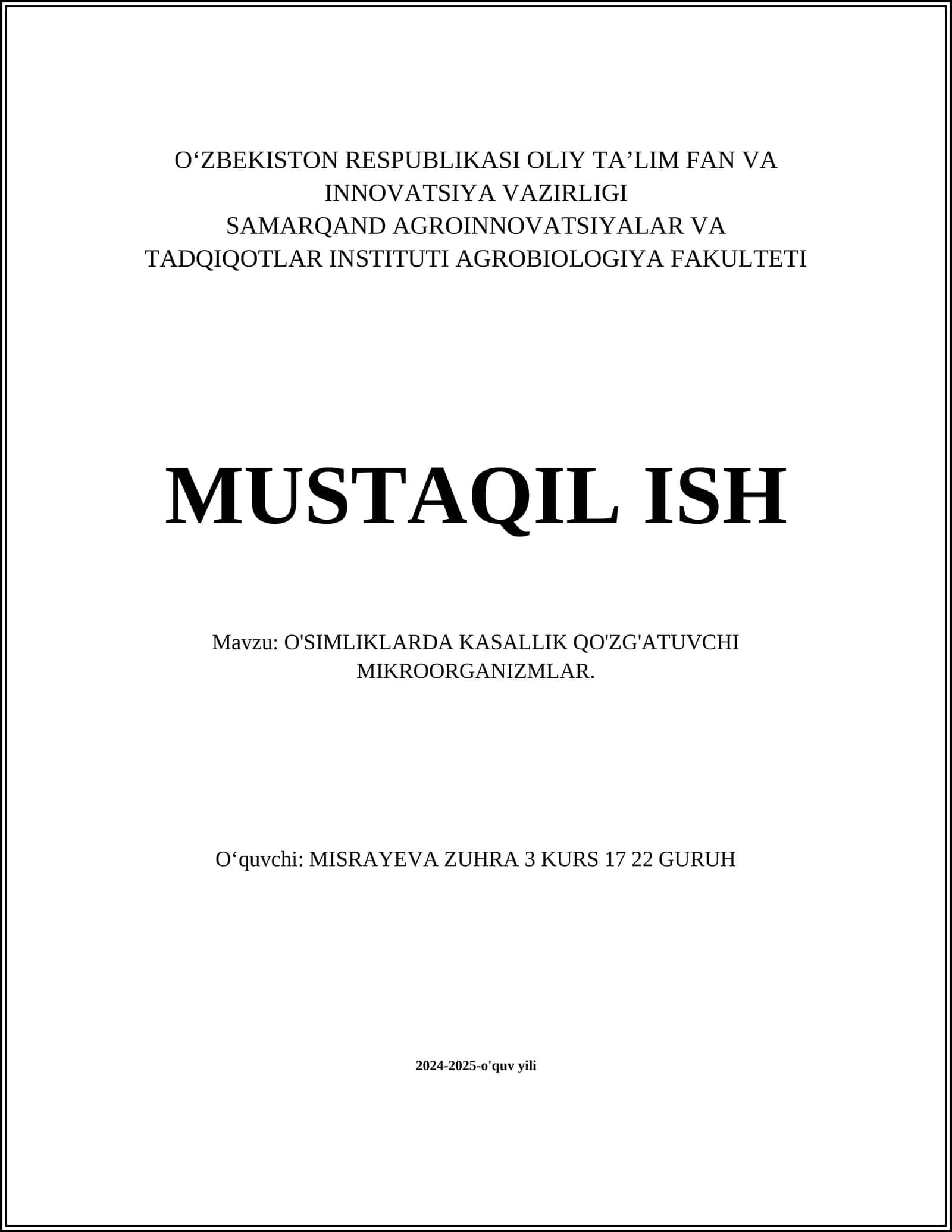 O'SIMLIKLARDA KASALLIK QO'ZG'ATUVCHI MIKROORGANIZMLAR