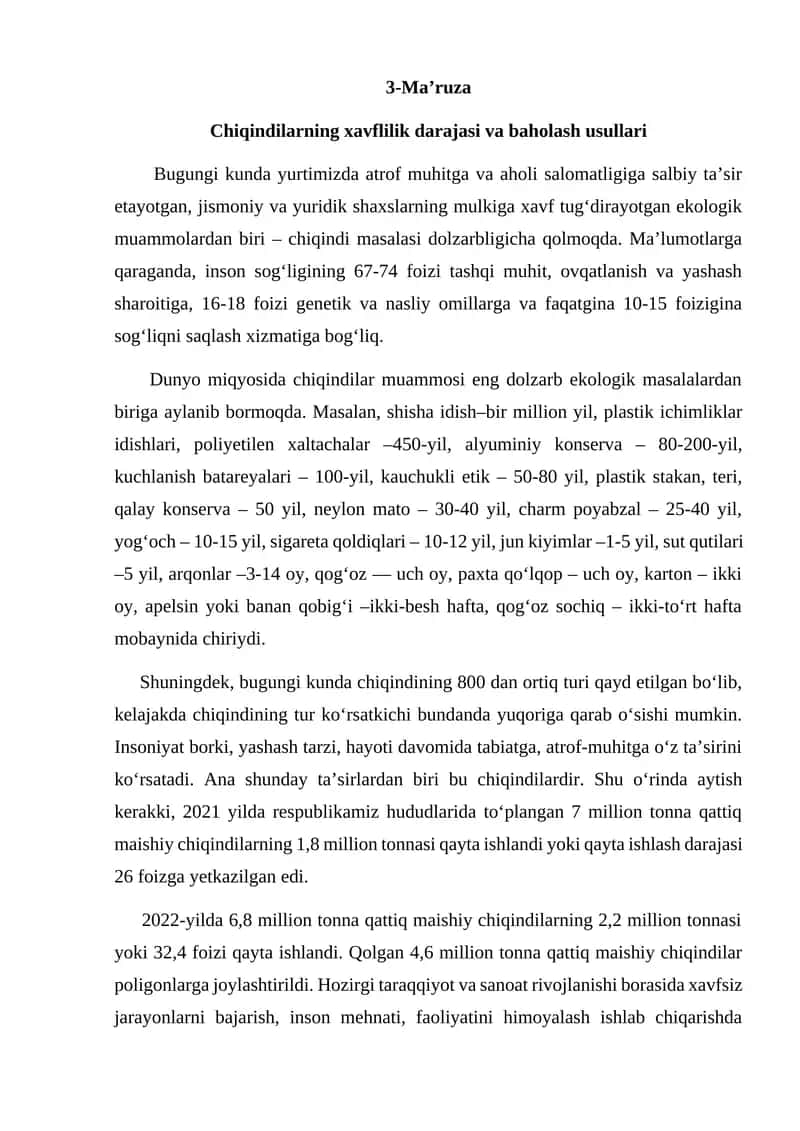 Chiqindilarning xavflilik darajasi va baholash usullari