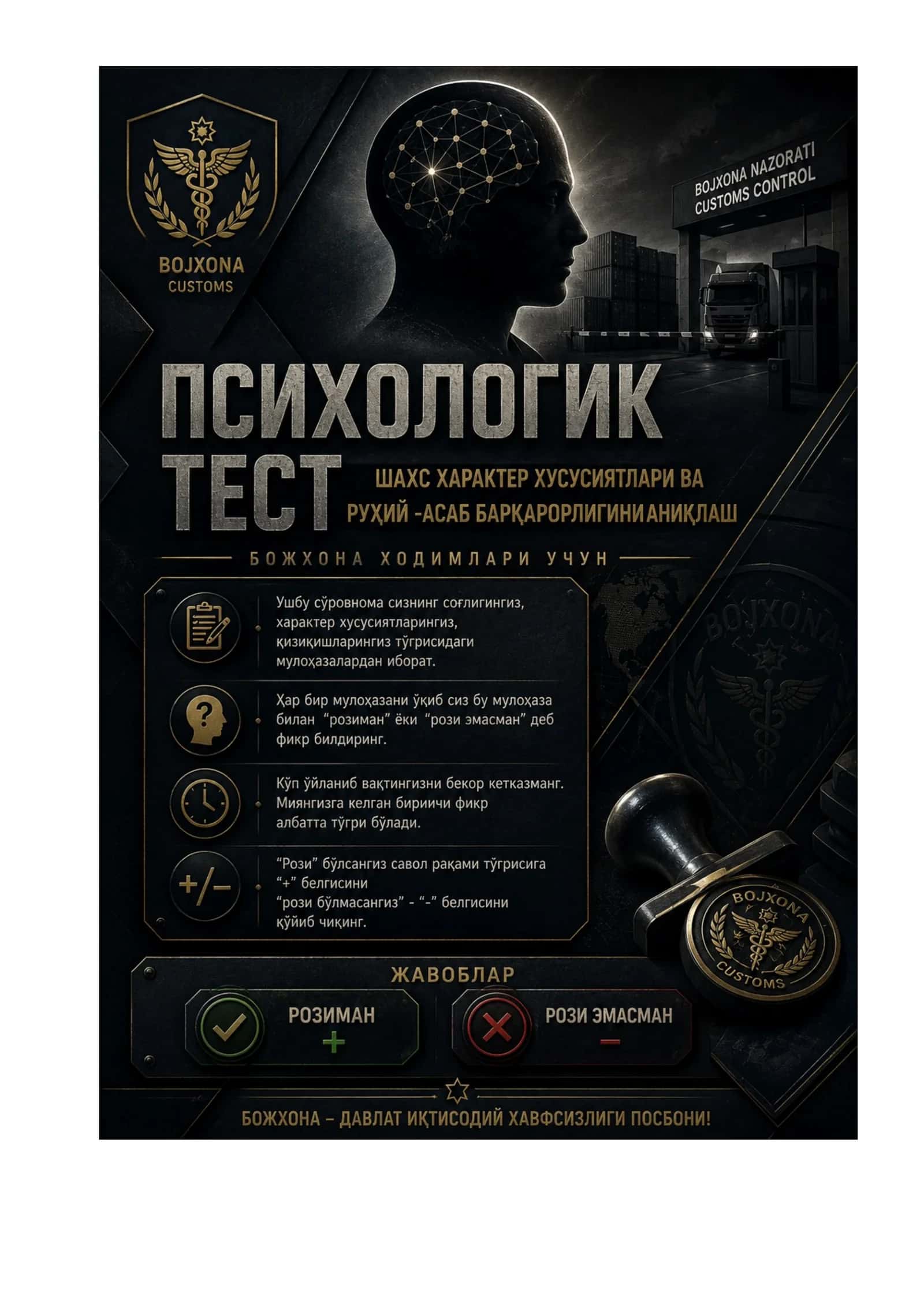 Bojxona qo‘mitasiga ishga kirish uchun test savol-javoblar to‘plami