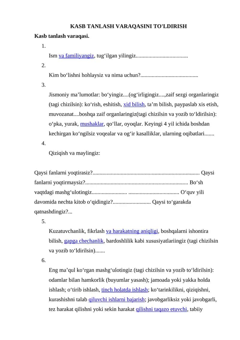 Kasb tanlash varaqasi