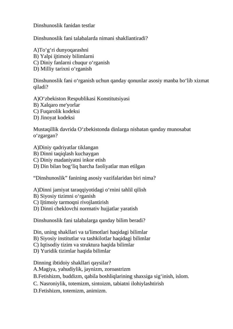 Dinshunoslik fanidan testlar