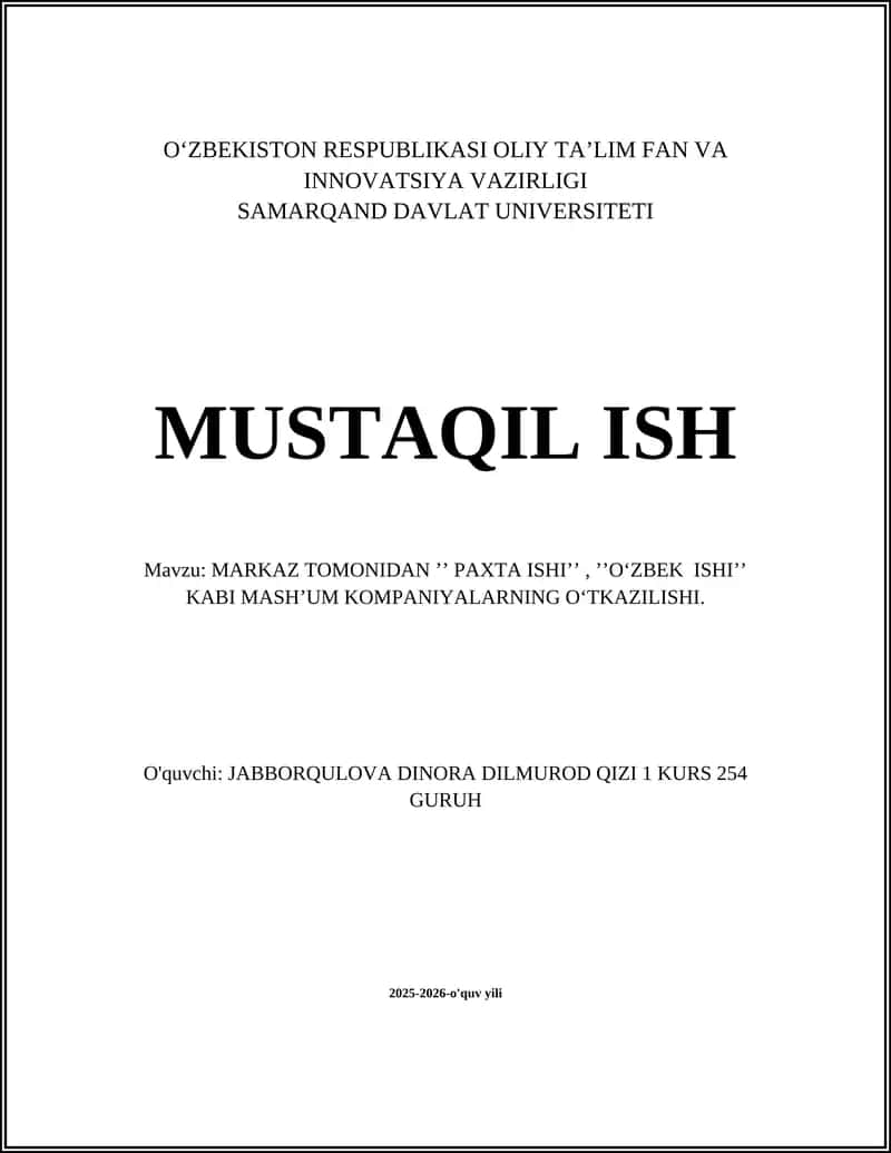 MARKAZ TOMONIDAN "PAXTA ISHI" VA "OʻZBEK ISHI"