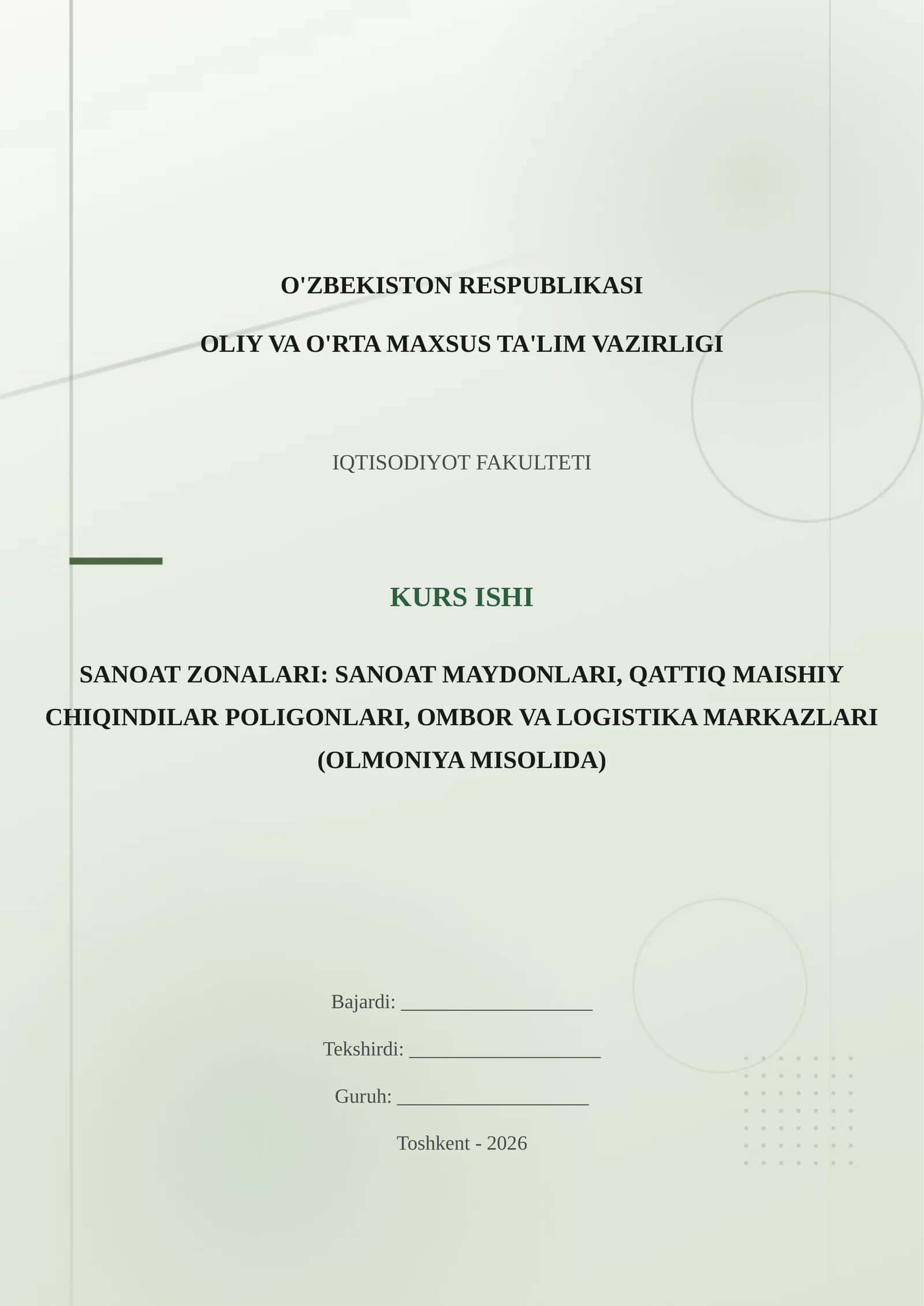 SANOAT ZONALARI: SANOAT MAYDONLARI, QATTIQ MAISHIY CHIQINDILAR POLIGONLARI, OMBOR VA LOGISTIKA MARKAZLARI (OLMONIYA MISOLIDA)