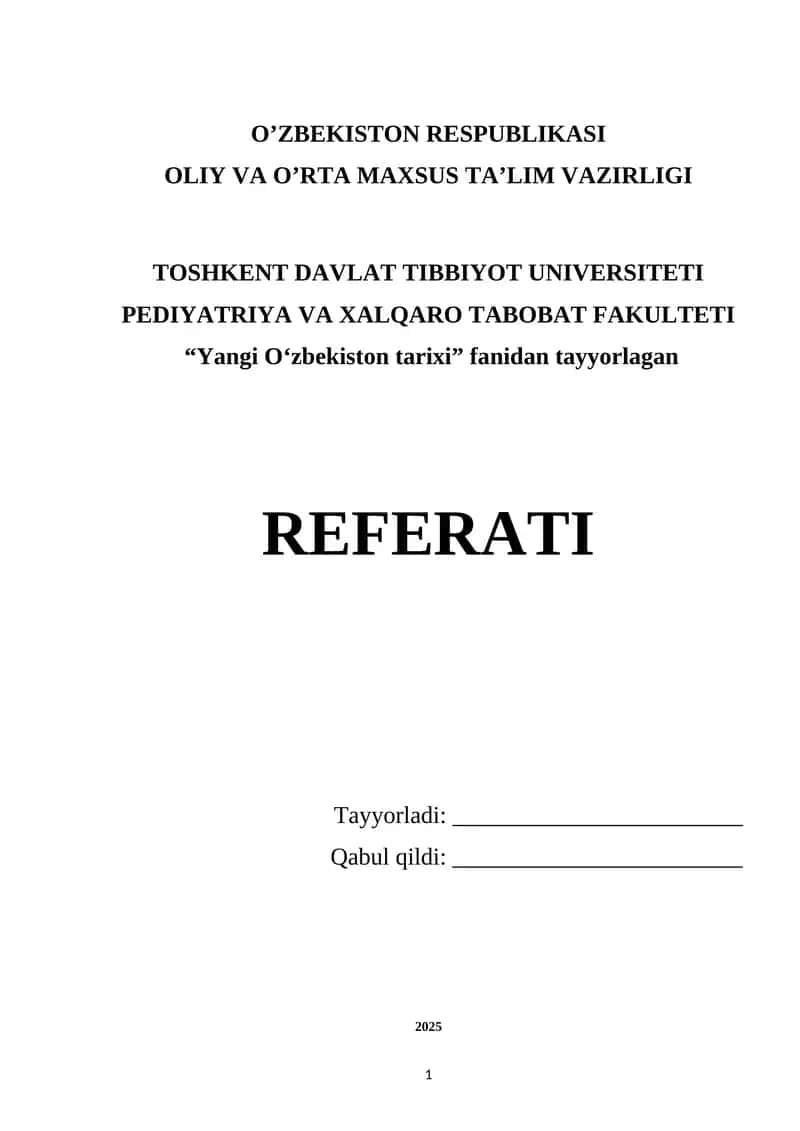 Yangi O‘zbekiston tarixi referati