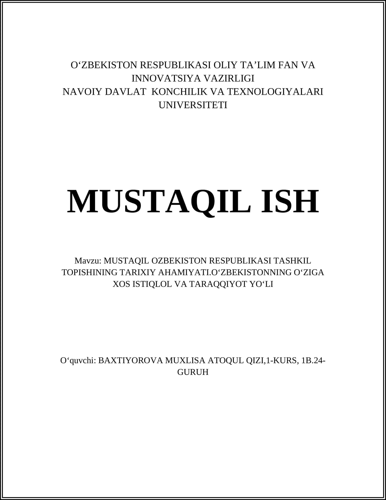 MUSTAQIL OZBEKISTON RESPUBLIKASI TASHKIL TOPISHINING TARIXIY AHAMIYATI
