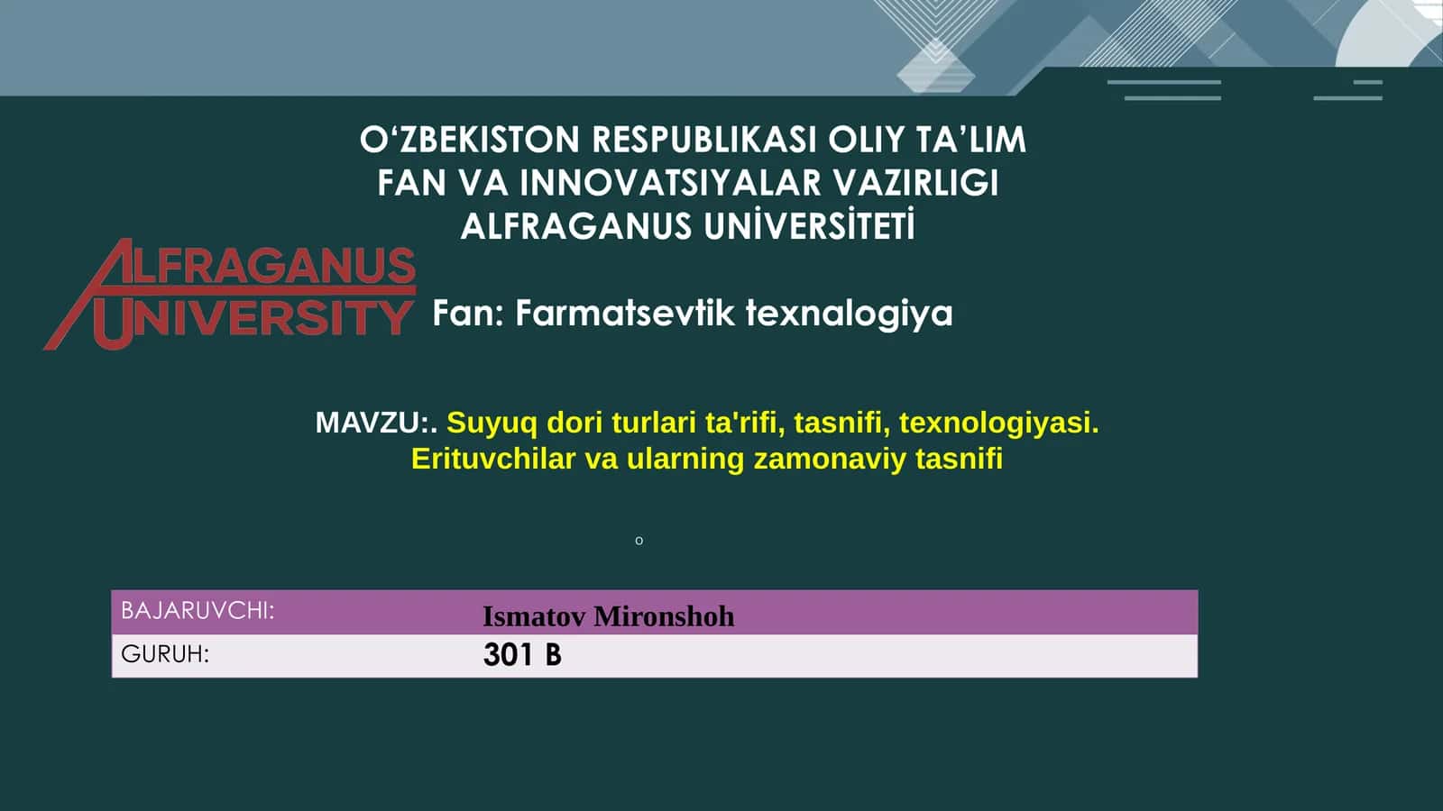 Suyuq dori turlari ta'rifi, tasnifi, texnologiyasi