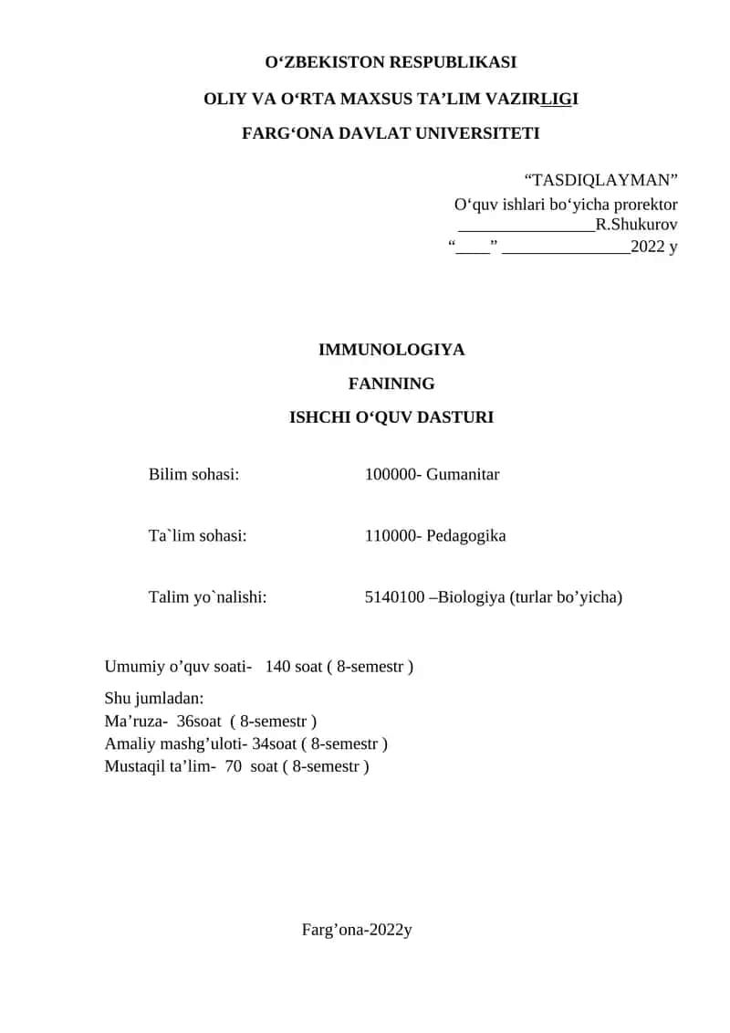 IMMUNOLOGIYA FANINING ISHCHI O‘QUV DASTURI
