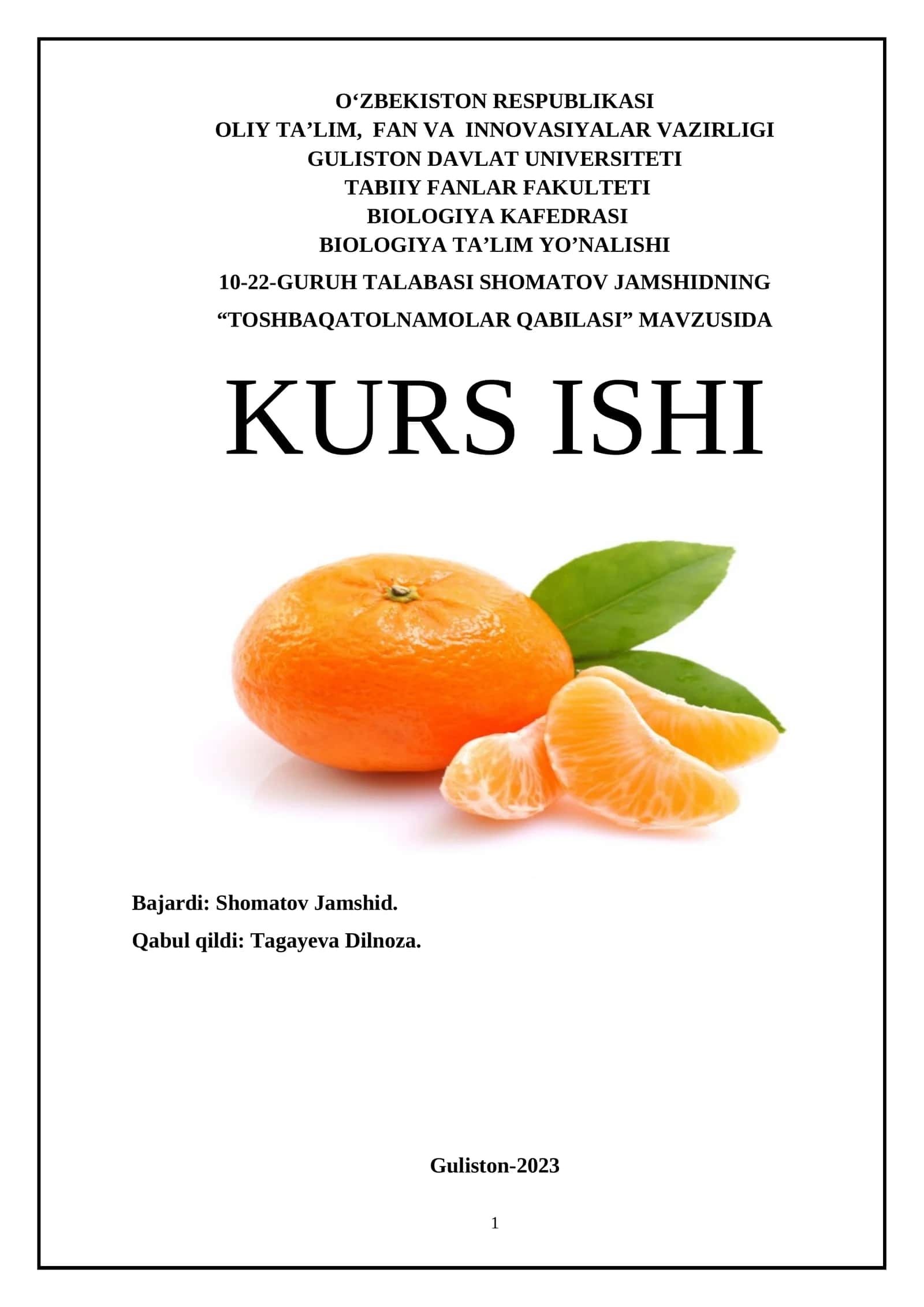 Toshbaqatolnamolar Qabilasi Kurs Ishi
