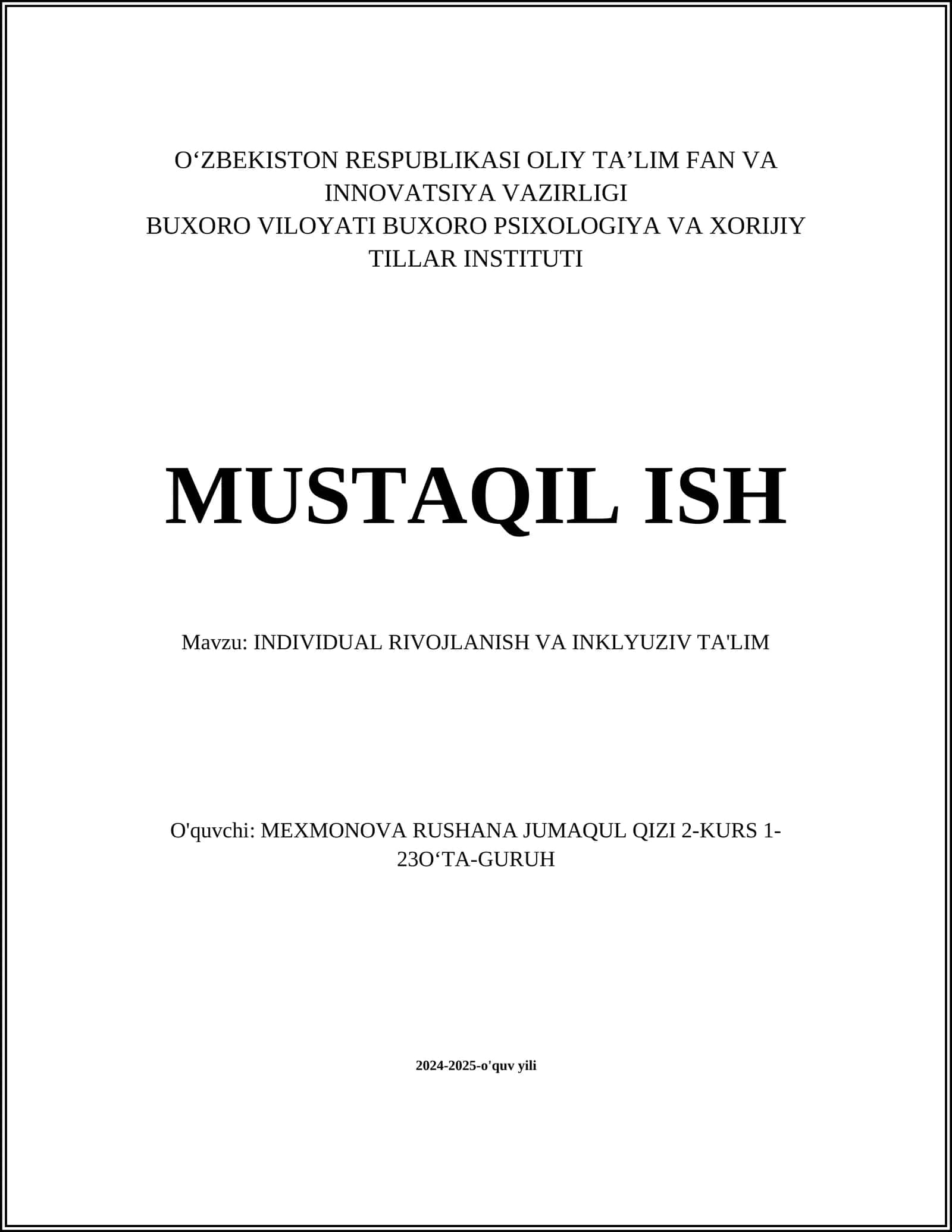 INDIVIDUAL RIVOJLANISH VA INKLYUZIV TA'LIM