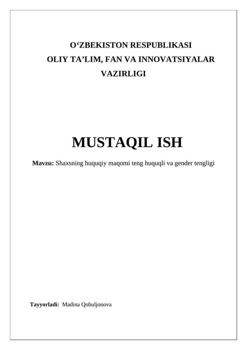 Shaxsning huquqiy maqomi teng huquqli va gender tengligi