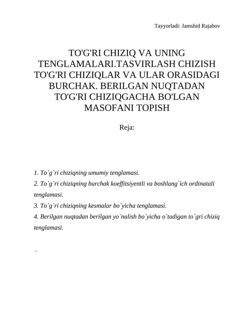 TO'G'RI CHIZIQ VA UNING TENGLAMALARI
