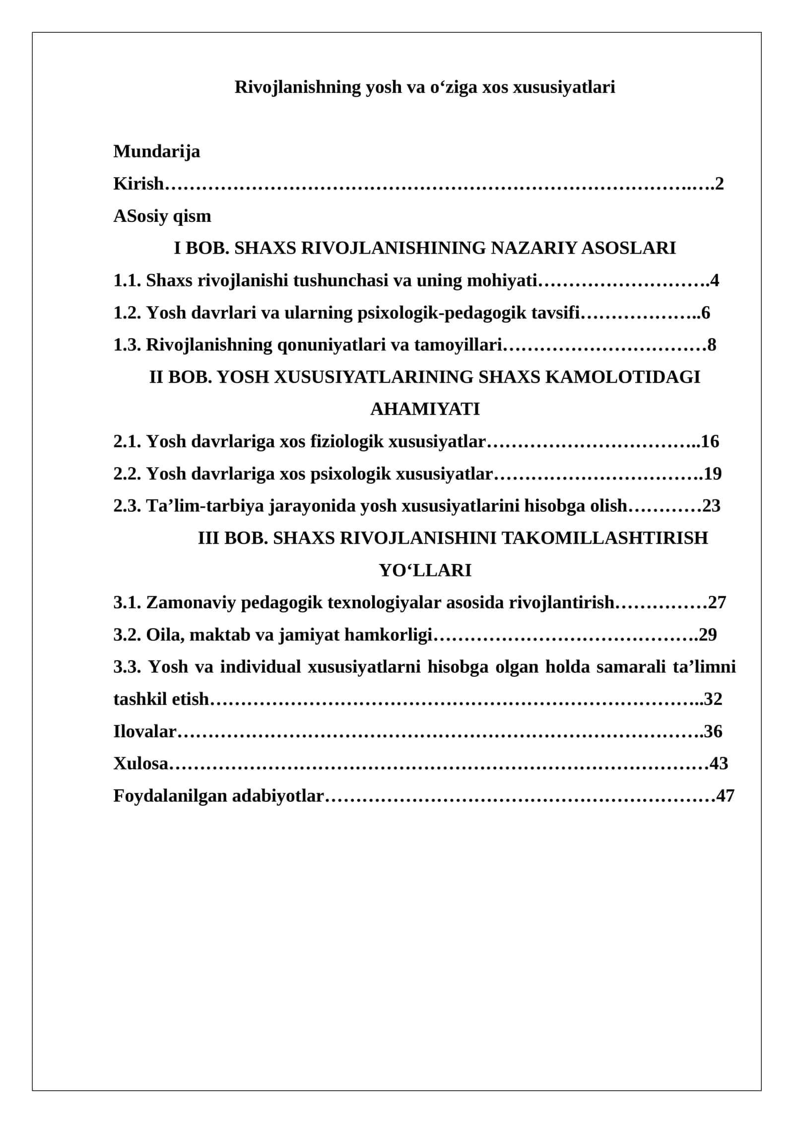 Rivojlanishning yosh va o‘ziga xos xususiyatlari