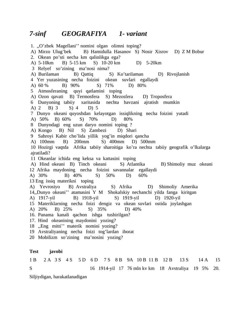 7-sinf GEOGRAFIYA fanidan Test