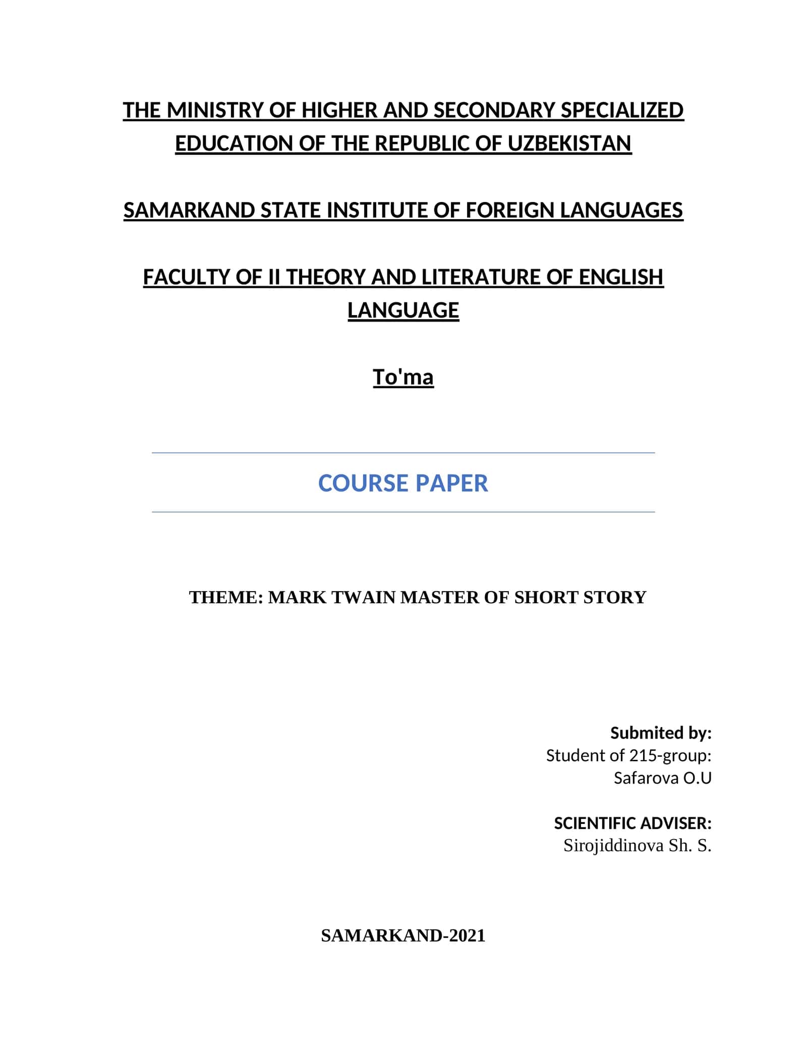 MARK TWAIN MASTER OF SHORT STORY