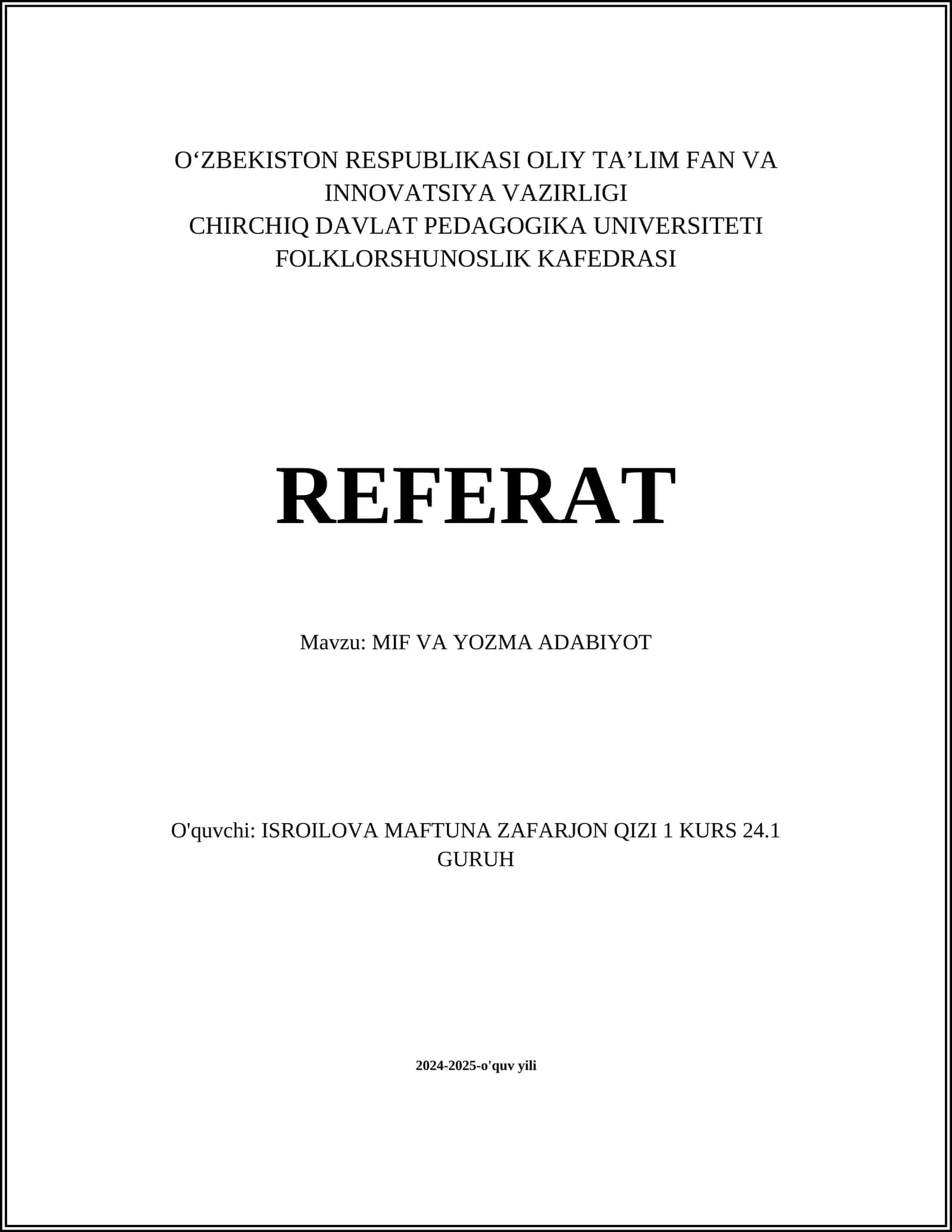 MIF VA YOZMA ADABIYOT